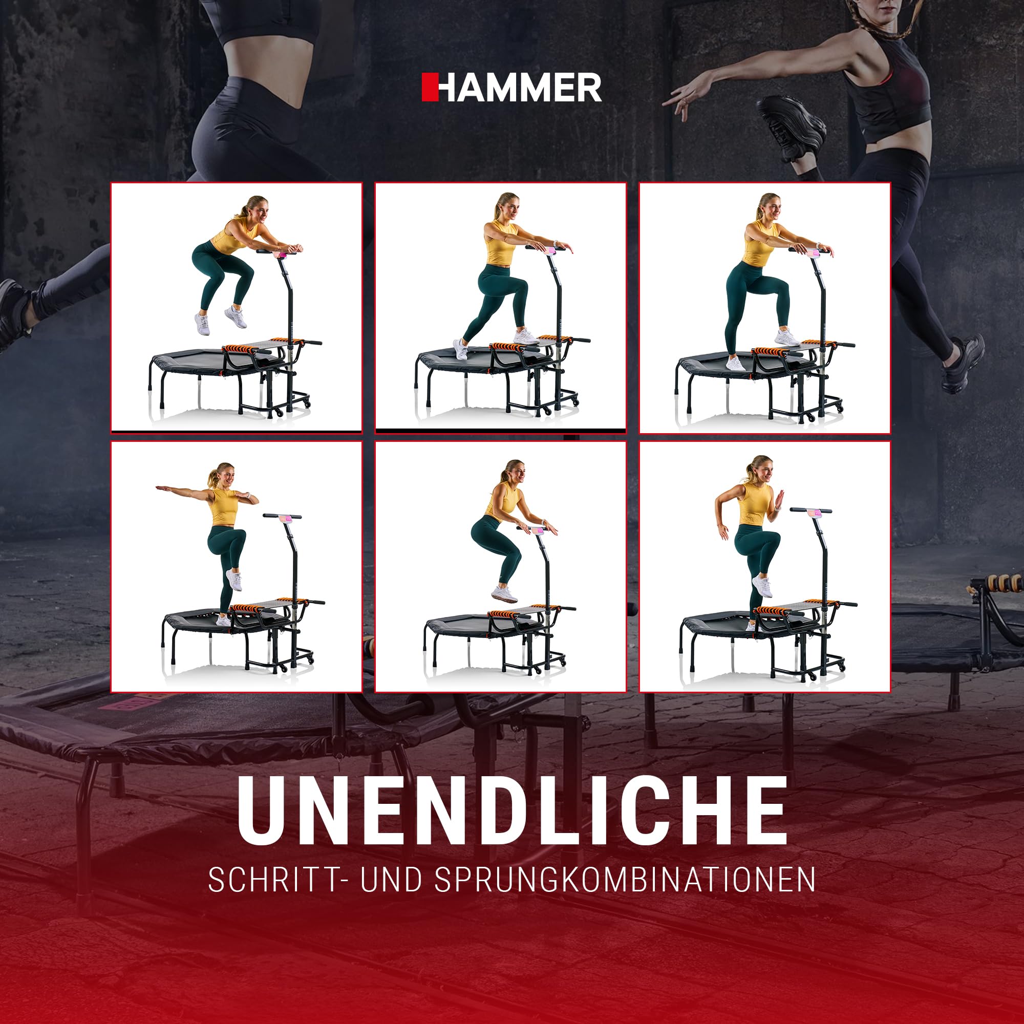 HAMMER Fitness-Trampolin JumpStep, Flexibles & gelenkschonendes Step-Board, aufstellbar, intensives Po- und Beinmuskeltraining, patentierte Technik, mehrfach höhenverstellbarer Haltegriff