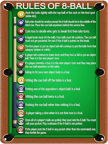 Letrero de lata de reglas de billar grande, arte de pared de metal de 12 x 16 pulgadas para sala de juegos, decoración de mesa de billar, póster