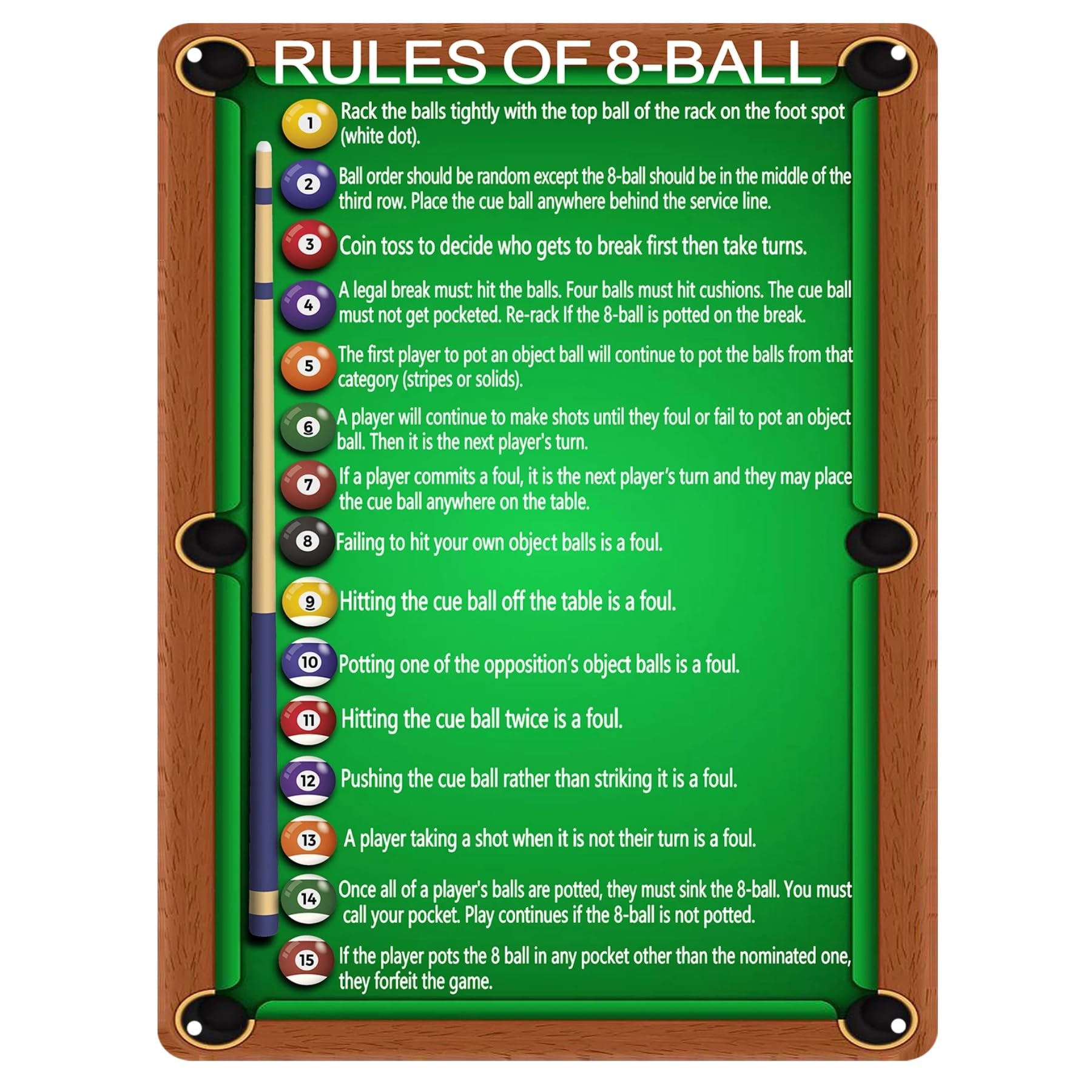 Large Billiards Rules Tin Sign, Metal Wall Art for Game Room, pool table accessories, Vintage 8-Ball Poster, Man Cave Bar Pub Signs, Retro Metal Poster for Home Office Garage 12x16 Inch
