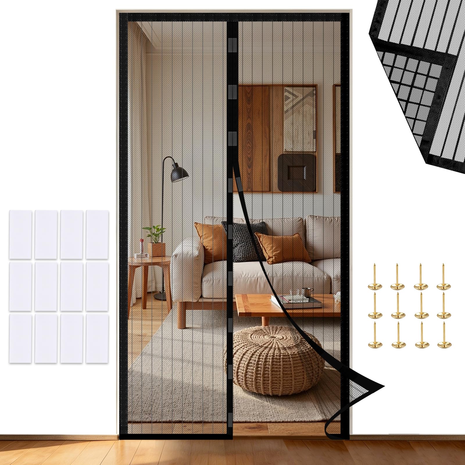 Magnetic Fly Screen Door Curtain – Strong Magnets & Magic Band, Scratch-Resistant Mosquito Net for Patio, Balcony, Bedroom (Black, 100×210 cm)