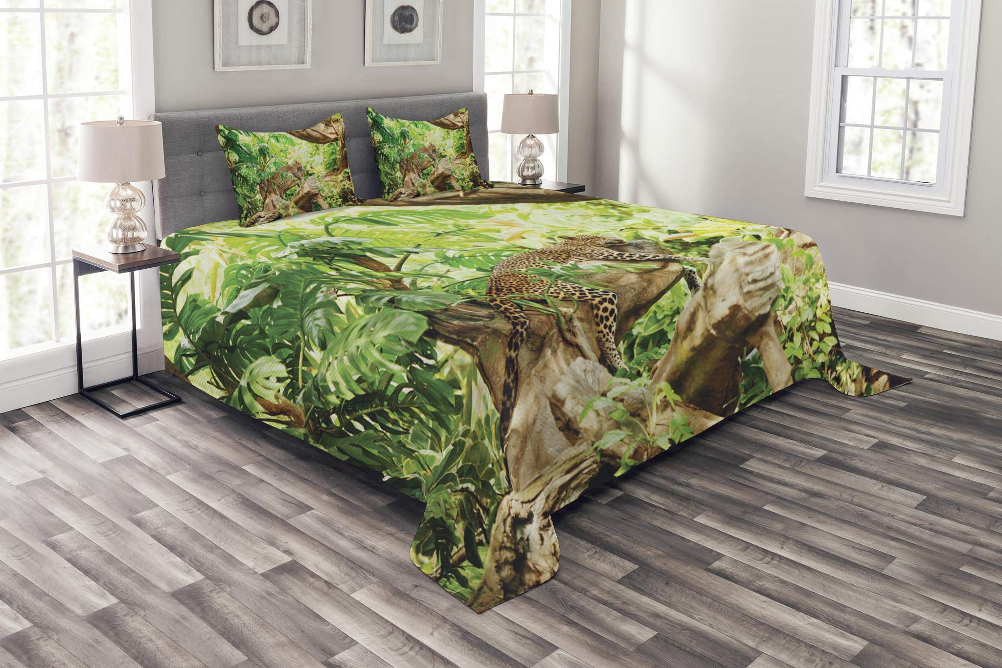 Ambesonne Safari Bedspread, Leopard on The Branch in Savannah Exotic Macro Tropical Leaf Jungle Wild