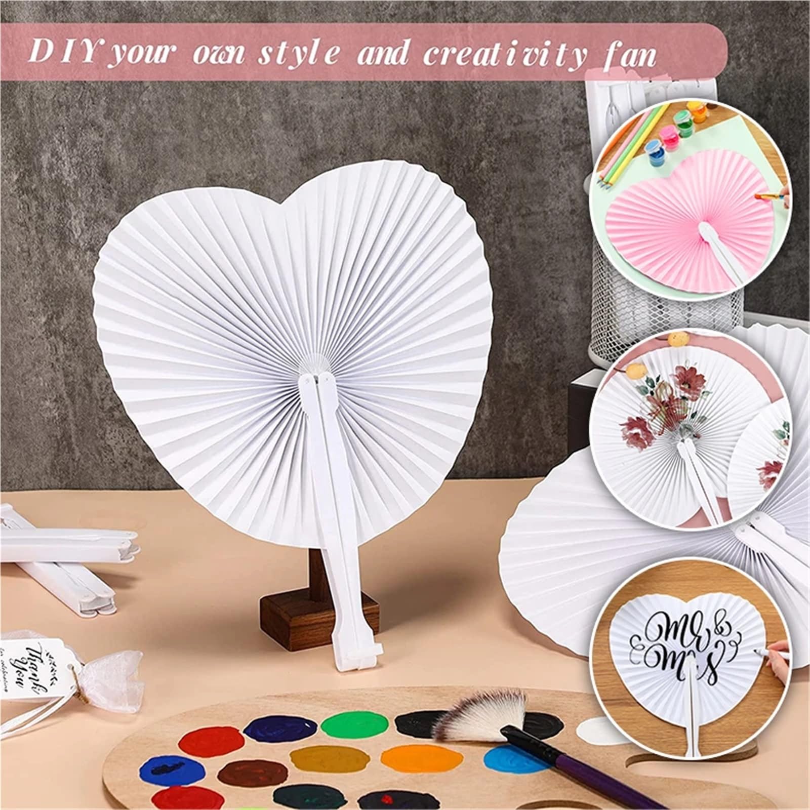 Handfächer, faltbar, herzförmig, blanko, Papierfächer für Hochzeiten und Partys, Hochzeitsgeschenk, Party, Zuhause, 60 Stück (zufällige Farbe)