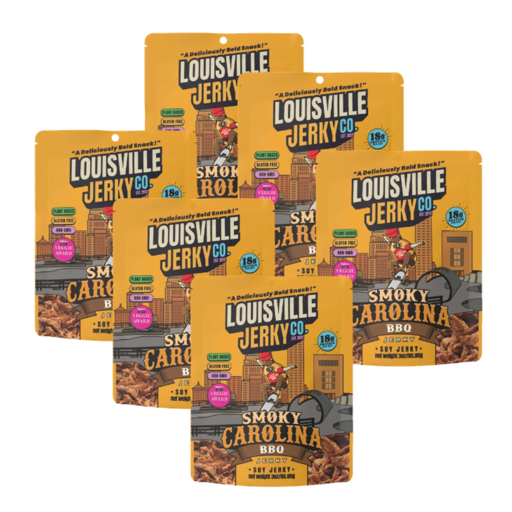 Smoky Carolina BBQ, Vegetarian & Vegan-Friendly Jerky, 15 Grams of Non-GMO Soy Protein, 300 Calories Per Bag, Gluten-Free Ingredients (3 oz, 5-Pack)