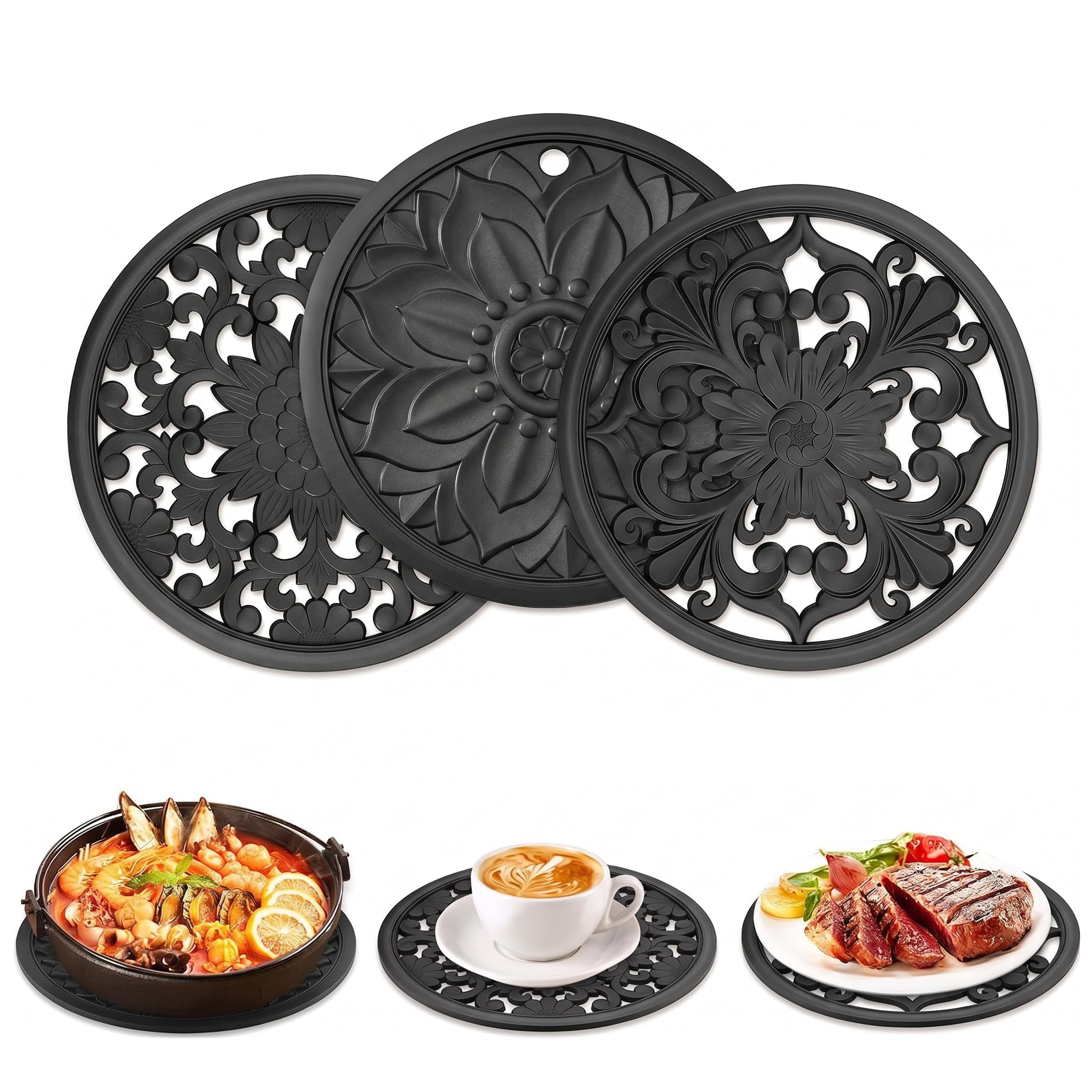 3 Pcs Silicone Trivet Mats, 20x20cm Thickened Heat Resistant Hot Pads