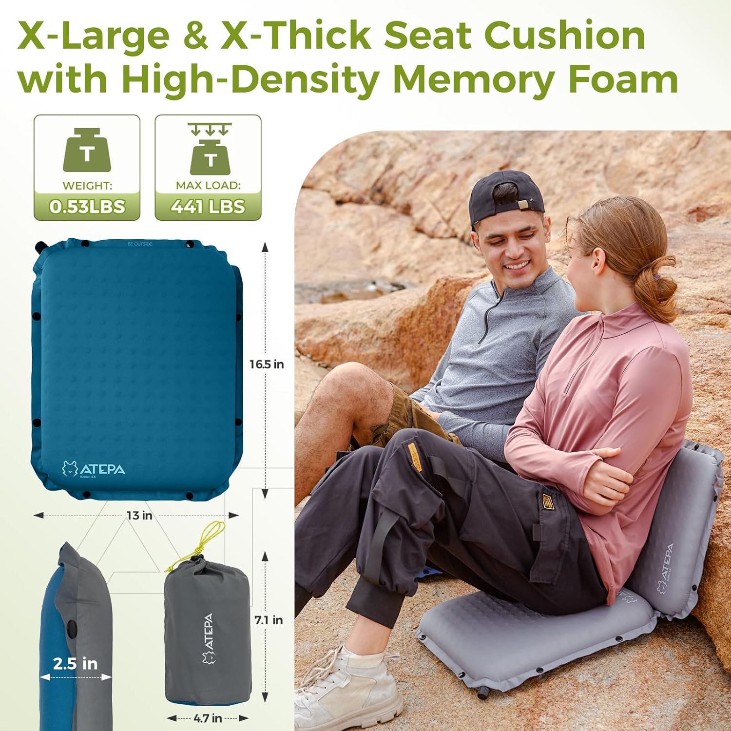 ATEPA Inflatable Seat Cushion, Self-Inflating Portable Stadium Airplane Travel Foam Cushion Pad for Camping, Sports Events, Outdoor
