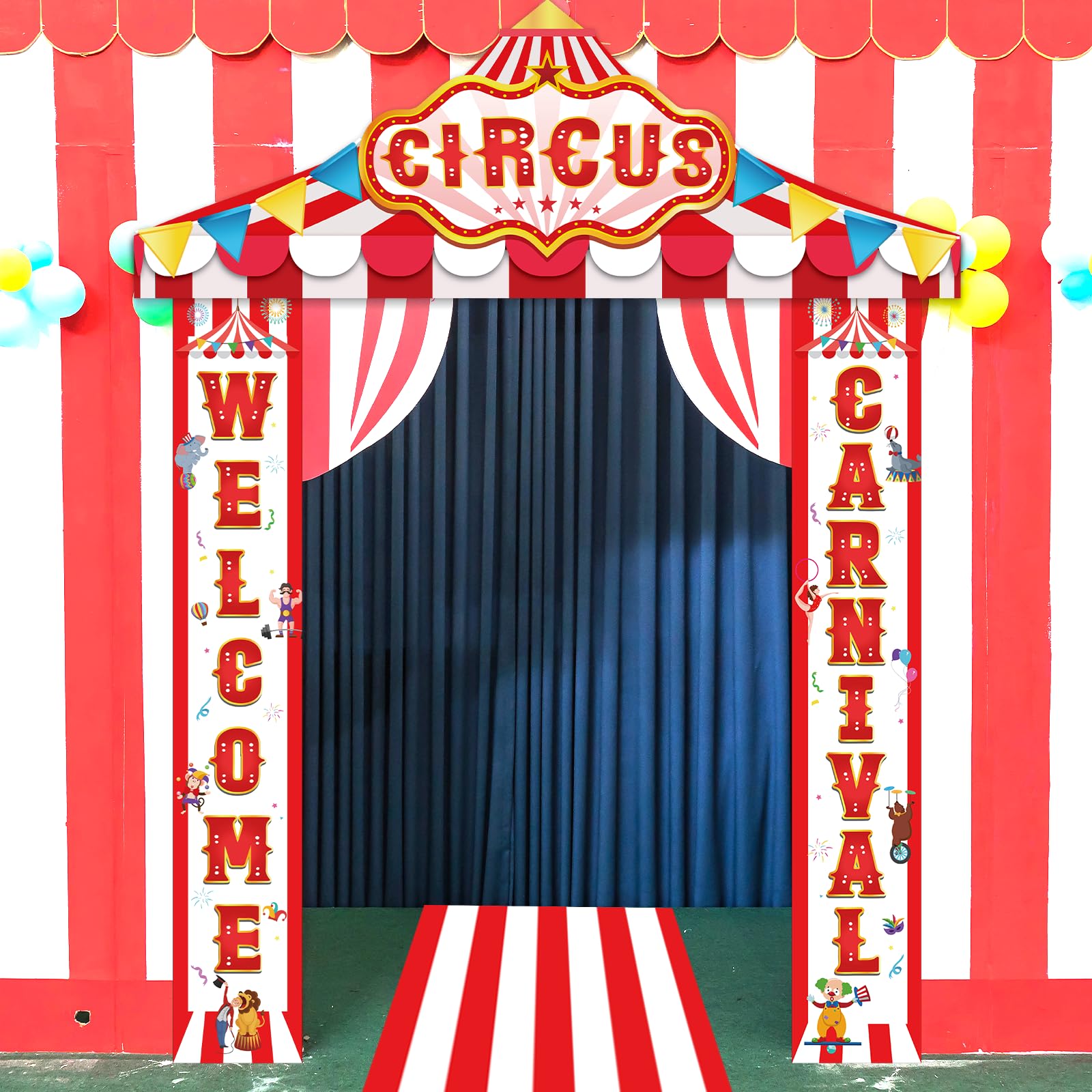 4 pancartas de fiesta de carnaval, decoración de fiesta de circo, decoración de tienda de campaña, toldo de rayas rojas y blancas, pancarta colgante de bienvenida, carnaval, decoración de fiesta para