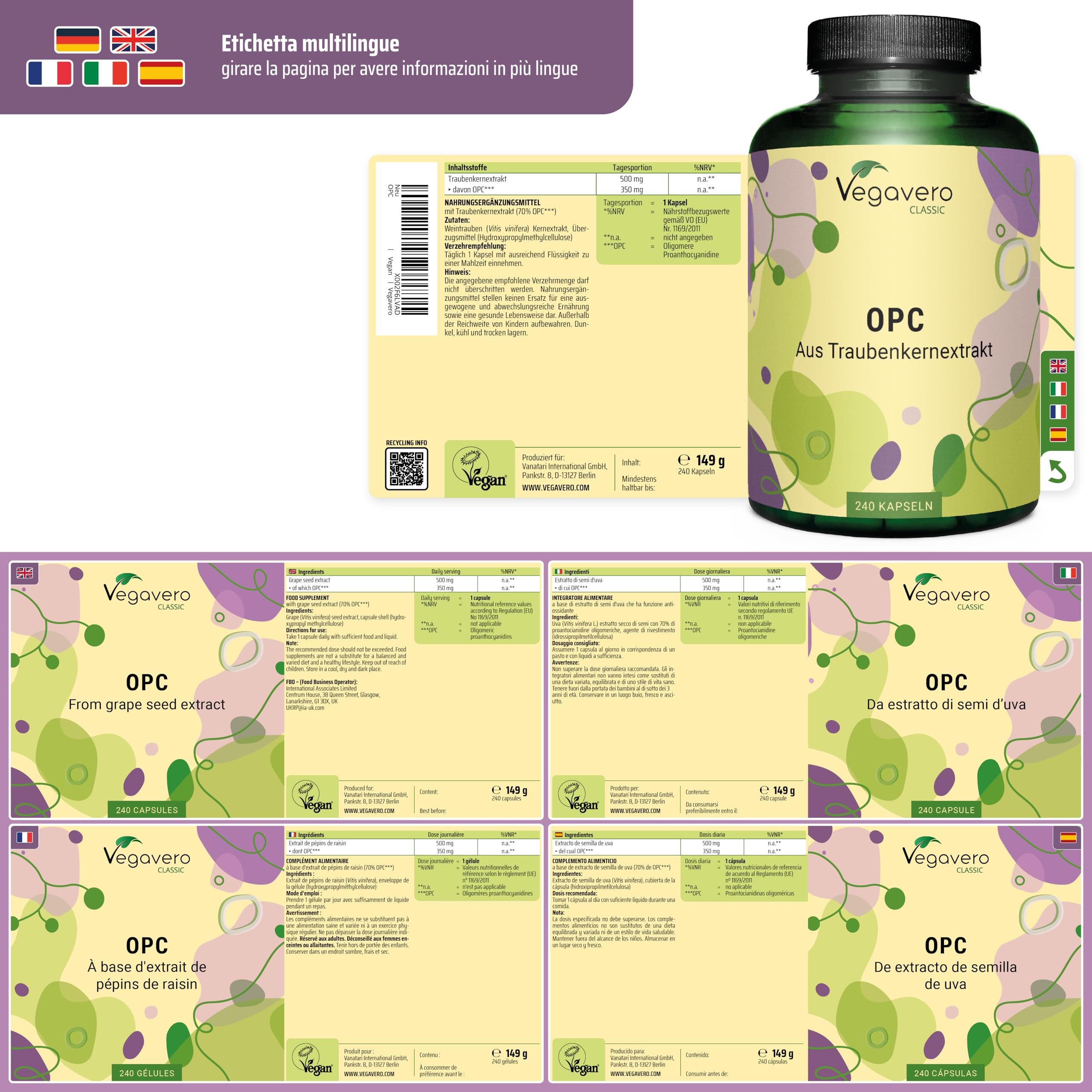 Integratore OPC | 15.000 mg (30:1) di estratto di semi d’uva | 240 capsule: 8 Mesi di Fornitura | OPC Puro da Uva Francese | Antiossidante Naturale | Senza Additivi | Vegavero®