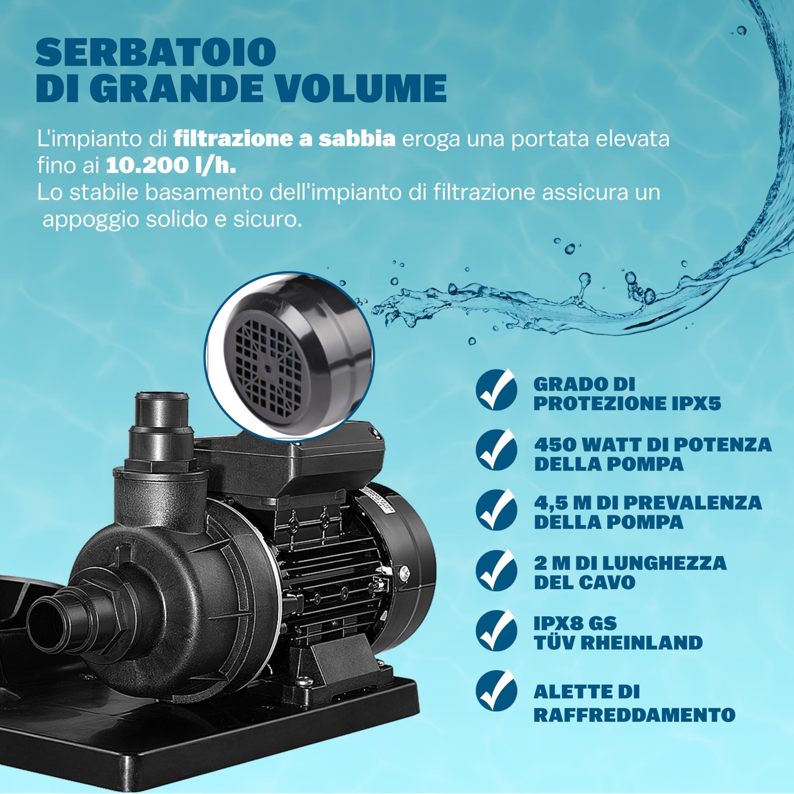 MONZANA® Filtro per Piscina a 7 vie 10.200L/h Filtrazione a Sabbia Pompa Filtraggio Serbatoio 25L