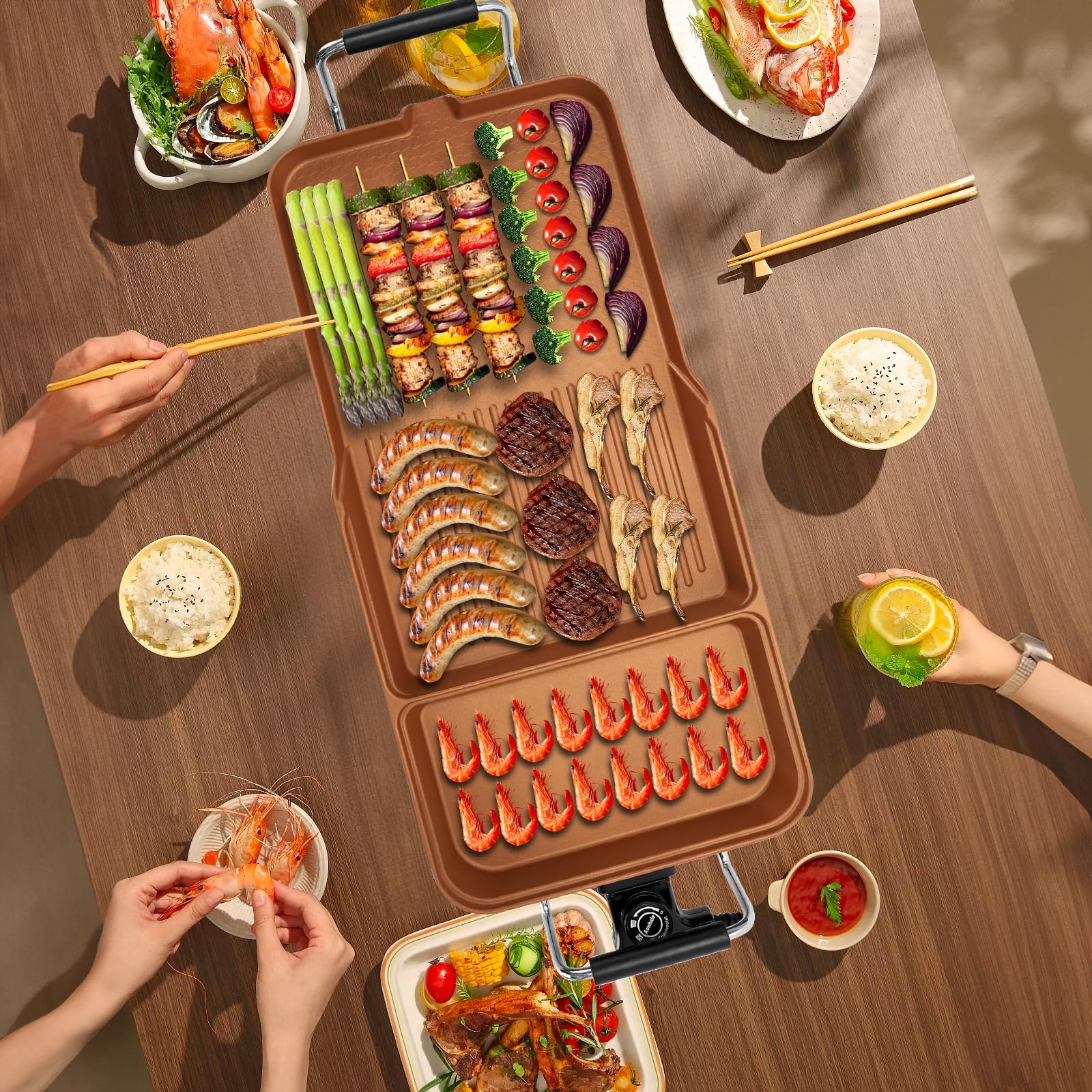 AEWHALE Plancha Eléctrica 3 en 1, 2000 W, Barbacoa Eléctrica Dorado | Adecuado para Uso Tanto en Interiores Como en Exteriores, para 6 Personas, Fácil de Limpiar