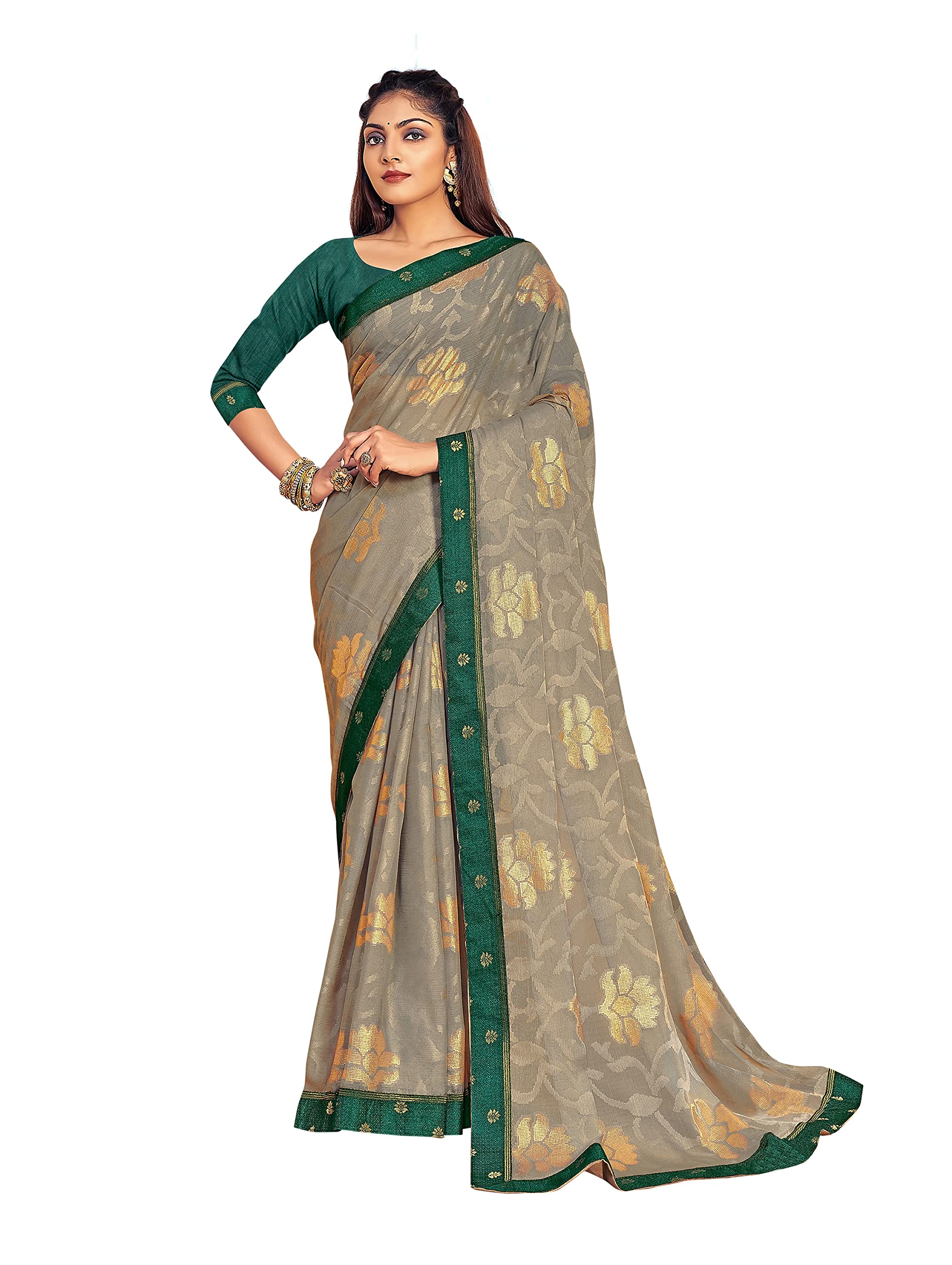 Madhumeena Women Chiffon Brasso Printed Saree With Unstitch Blouse