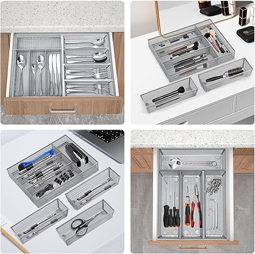 Miniatura 6 de Neudeco Juego de 5 organizadores de cajones, bandeja organizadora de cubiertos de 4 compartimentos + 4 bandejas de utensilios, organizador de