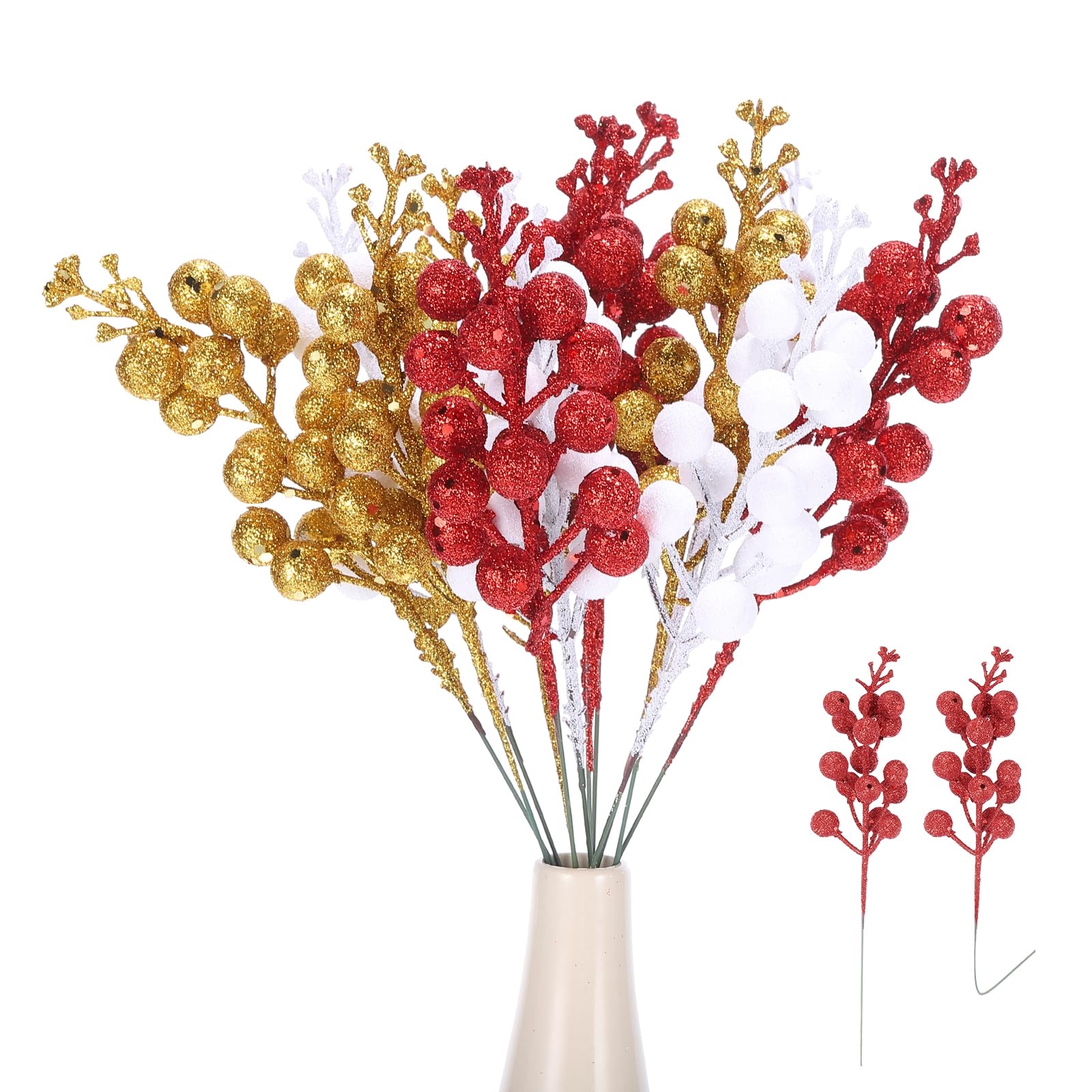 sourcing map 15Pcs Christmas Glitter Berries Stems, 9 Inch Artificial Berry Picks for Christmas Tree Ornaments Holiday Wedding DIY Wreath Crafts Decoration(Red,Gold,Pure White)