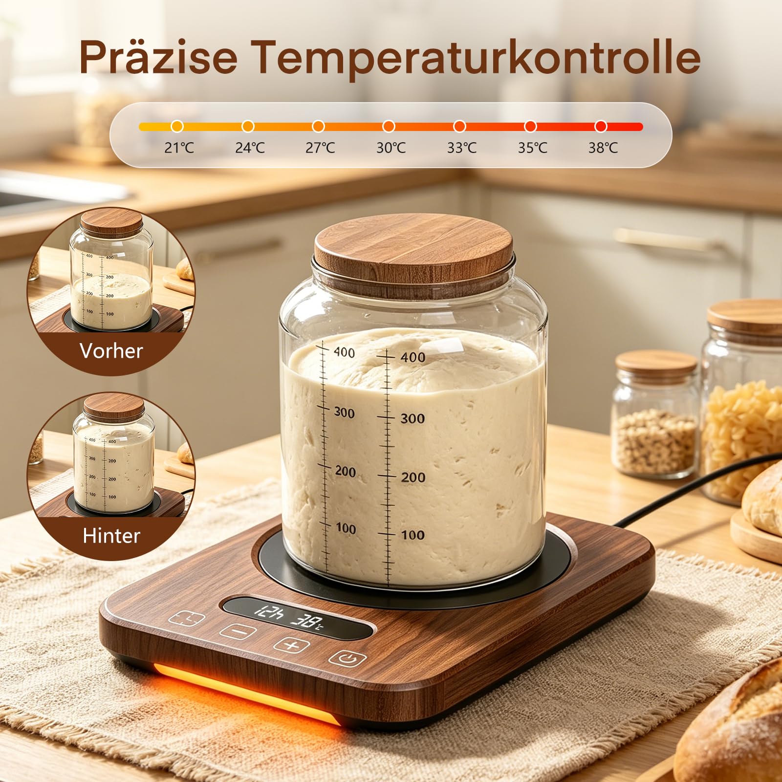 Sauerteigwärmer 21-38℃ Präzise Temperaturregelung, 12H Timer Wärmeplatte mit Speicherfunktion für Brotbacken Fermentation