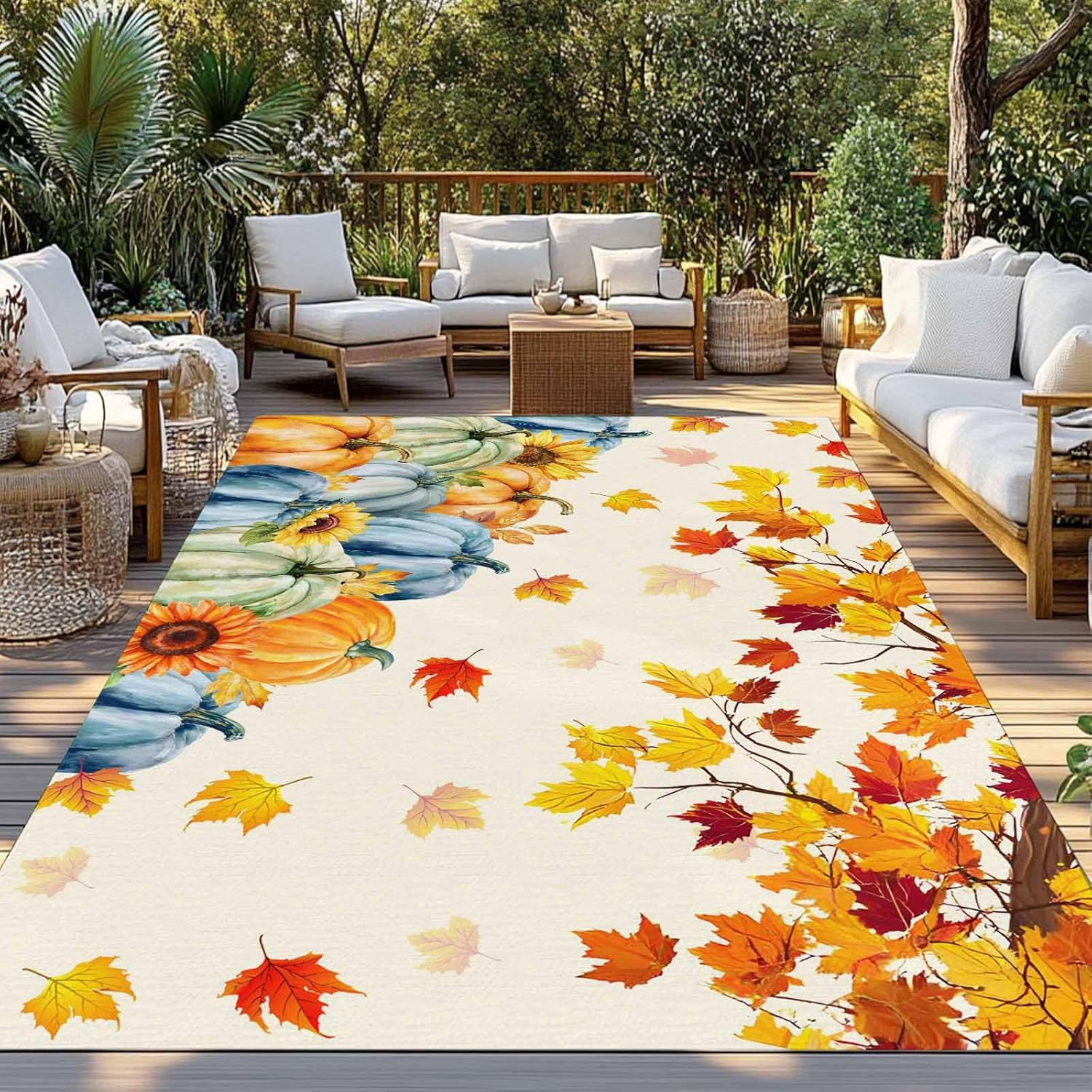 Fall Outdoor Rug 4x6 ft Autumn Maple Leaves Branch Outdoor Large Area Rug Non Slip Orange Blue Green Pumpkin Thanksgiving Front Door Mat RV Rug Carpet Patio Outdoor Rugs for Backyard Balcony Porch