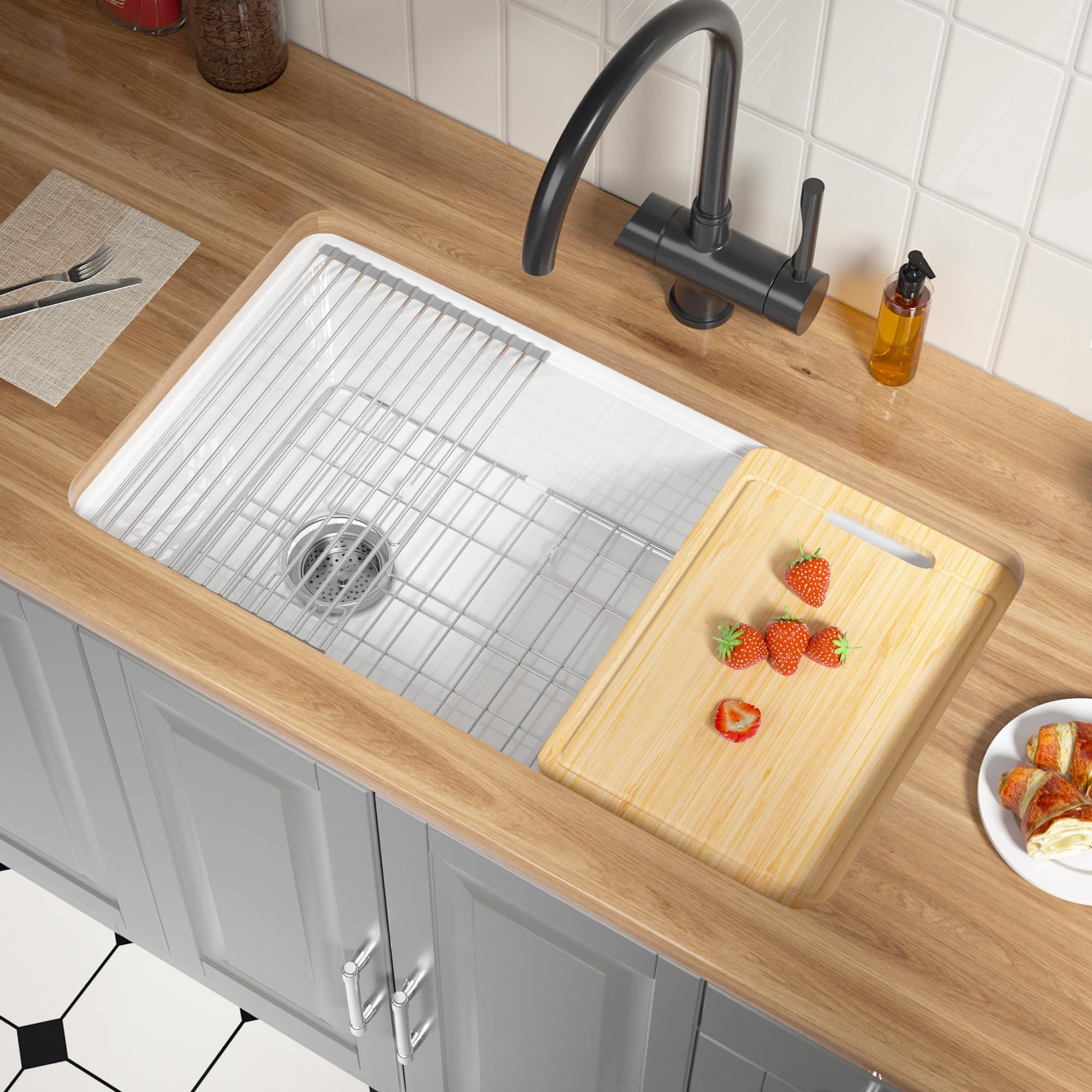 Offset Drain Fireclay Undermount Workstation Kitchen Sink 33 Inch