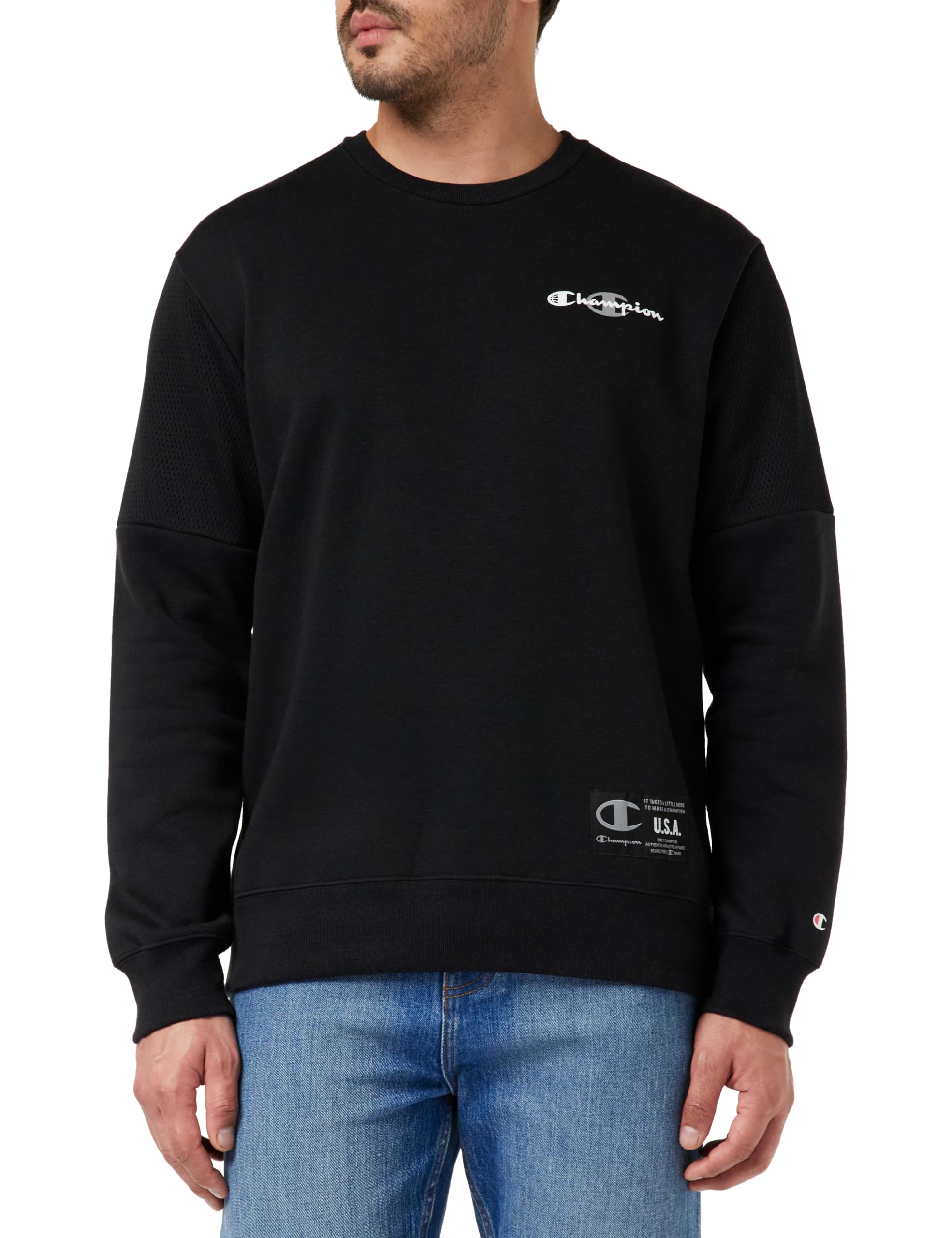 Champion Men's Legacy Basketball - Powerblend Fleece Crewneck Sweatshirt, Nero/Grigio Monumento, S UK