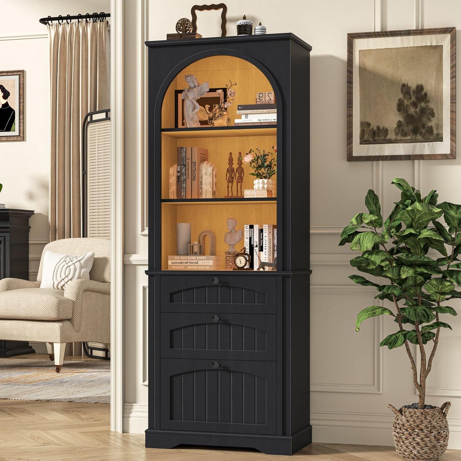 Halitaa Farmhouse File Cabinet Fits Letter/Legal/A4 Size Hanging File Folders, 3-Tier Floor Standing Bookcase with File Drawer and Open Shelf, Wood Filing Cabinet Printer Stand for Home Office, Black