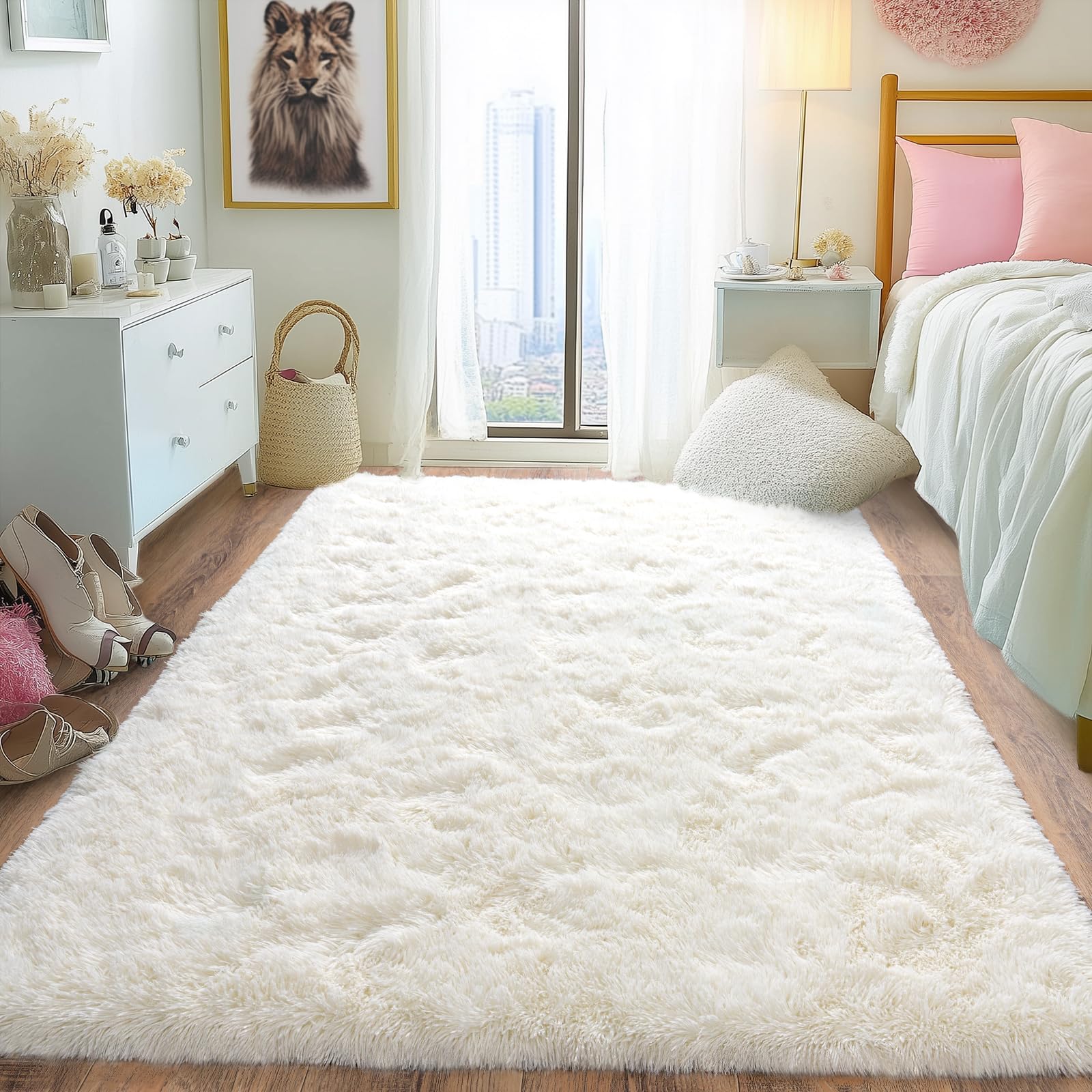 Pionblank Fluffy Area Rug for Bedroom 4x6 Feet, Indoor Plush Carpet, Shag Soft Bedside Rug, Cute Comfy Furry Rug for Living Room Dorm Girls Boys Room