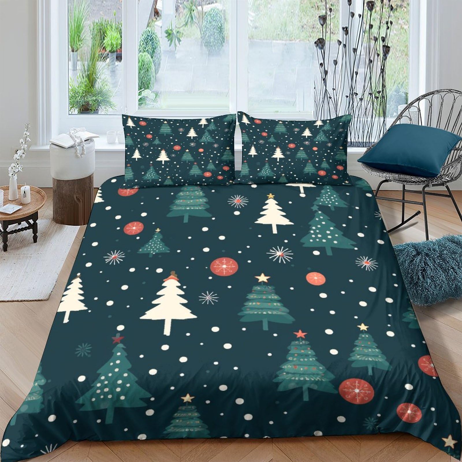 Housse de couette sapin de Noël 200x200 cm avec 2 taies d'oreiller en microfibre INTCHE