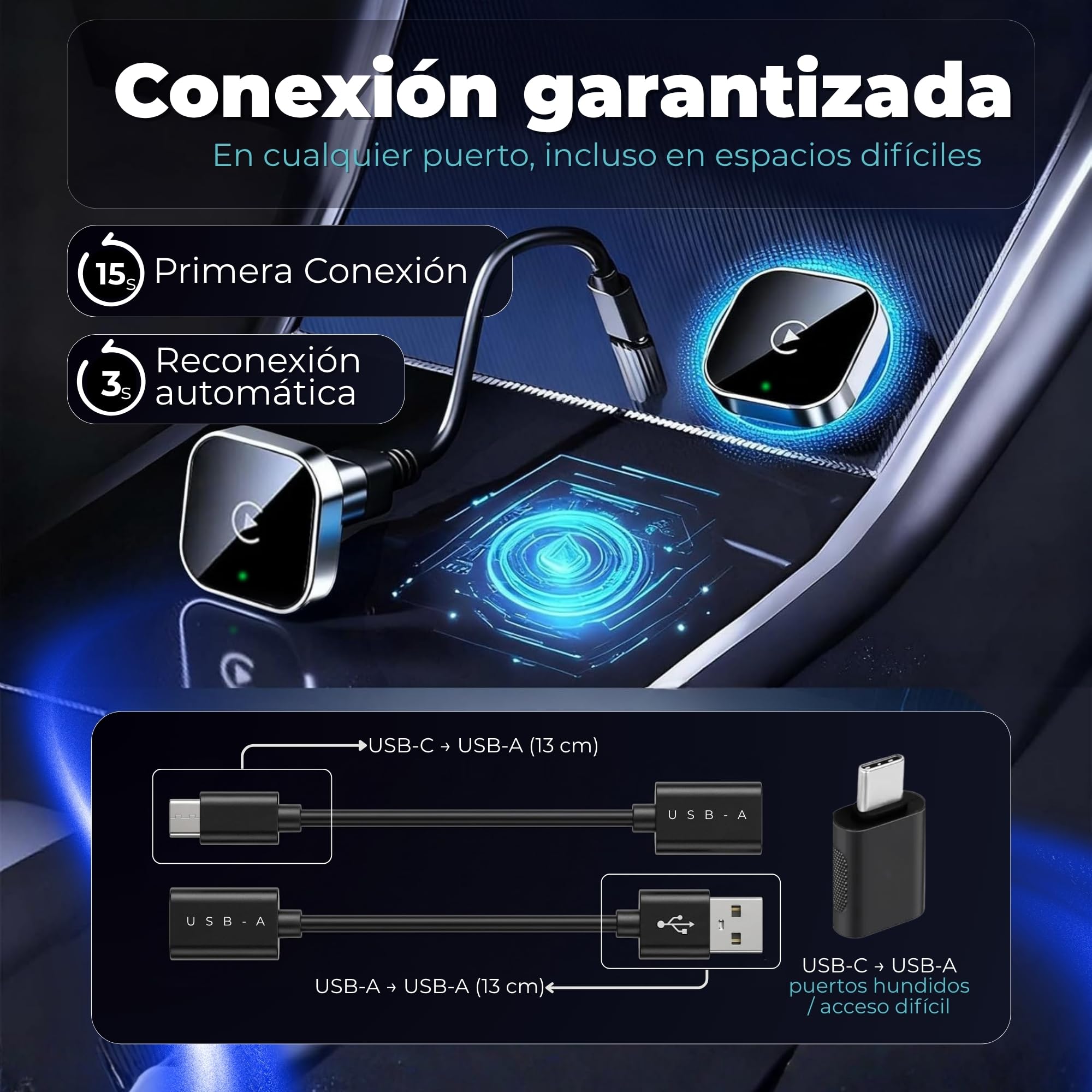 Tesorista Carplay Inalambrico 2 en 1 Mini (Versión 2026) – USB Plug & Play, Reconexión ~3 s, USB-A/USB-C y Dongle Rígido para Puertos Difíciles – Apple Carplay Inalambrico & Android Auto Inalambrico — view 3