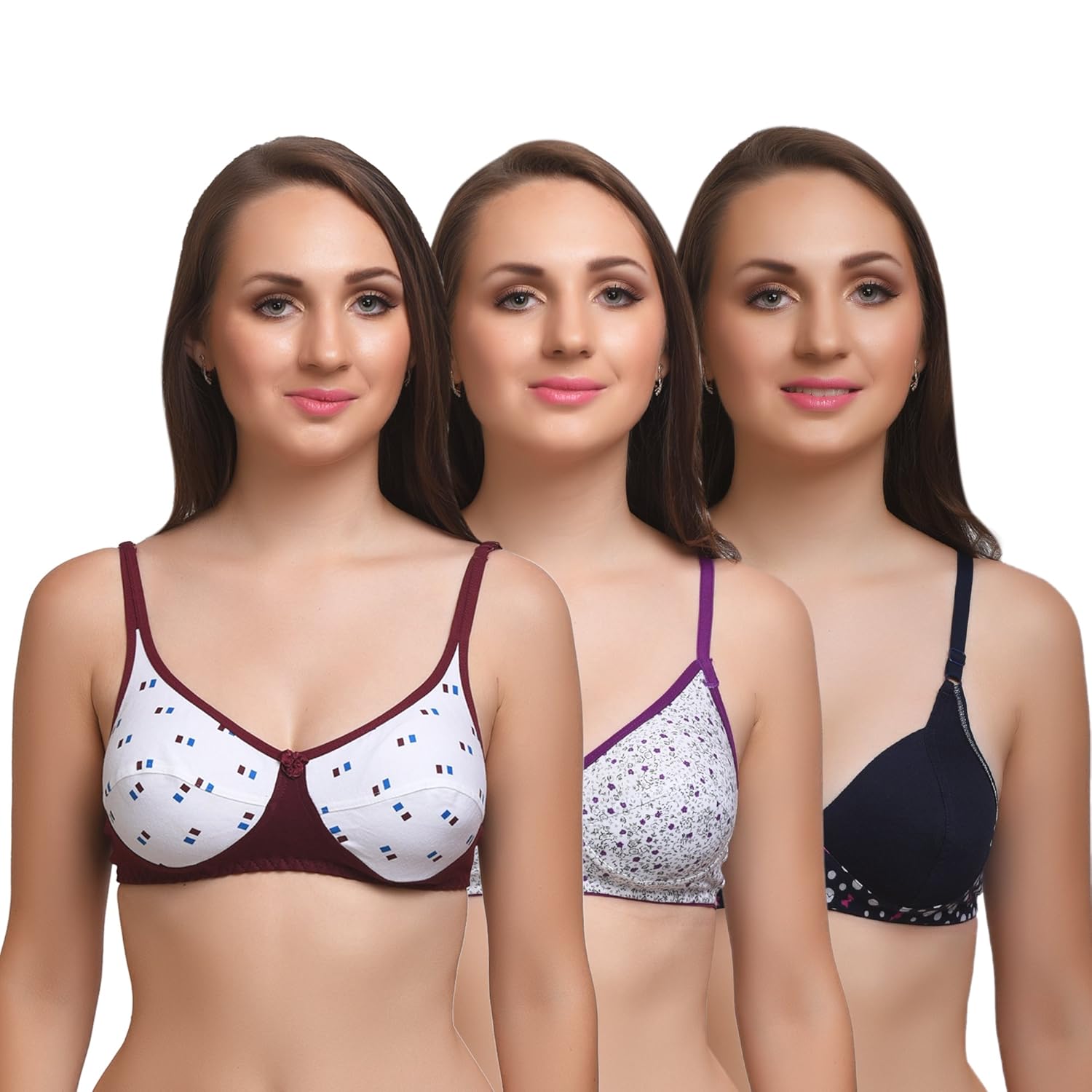 Buy Dnock Printed Multicolor Cotton Casual Pack of 3 Bra Set (SoftBra