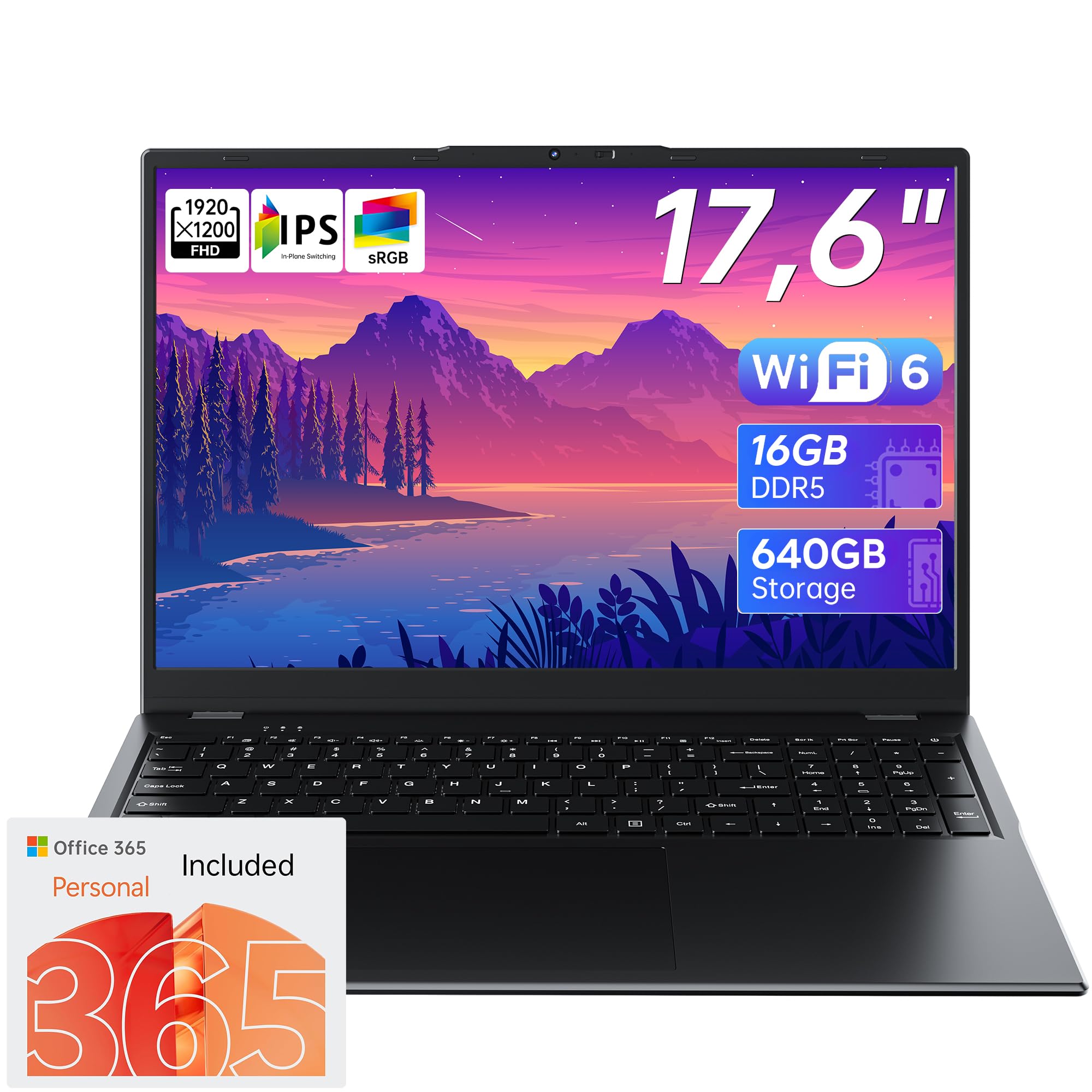 jumper 17.6 Inch Laptop, 16GB DDR5 RAM 640GB SSD, N95 CPU, FHD IPS 1200p Display, Windows 11, Office 365, Backlit Keyboard, 7000mAh, WiFi-6, Laptops for Students and Business