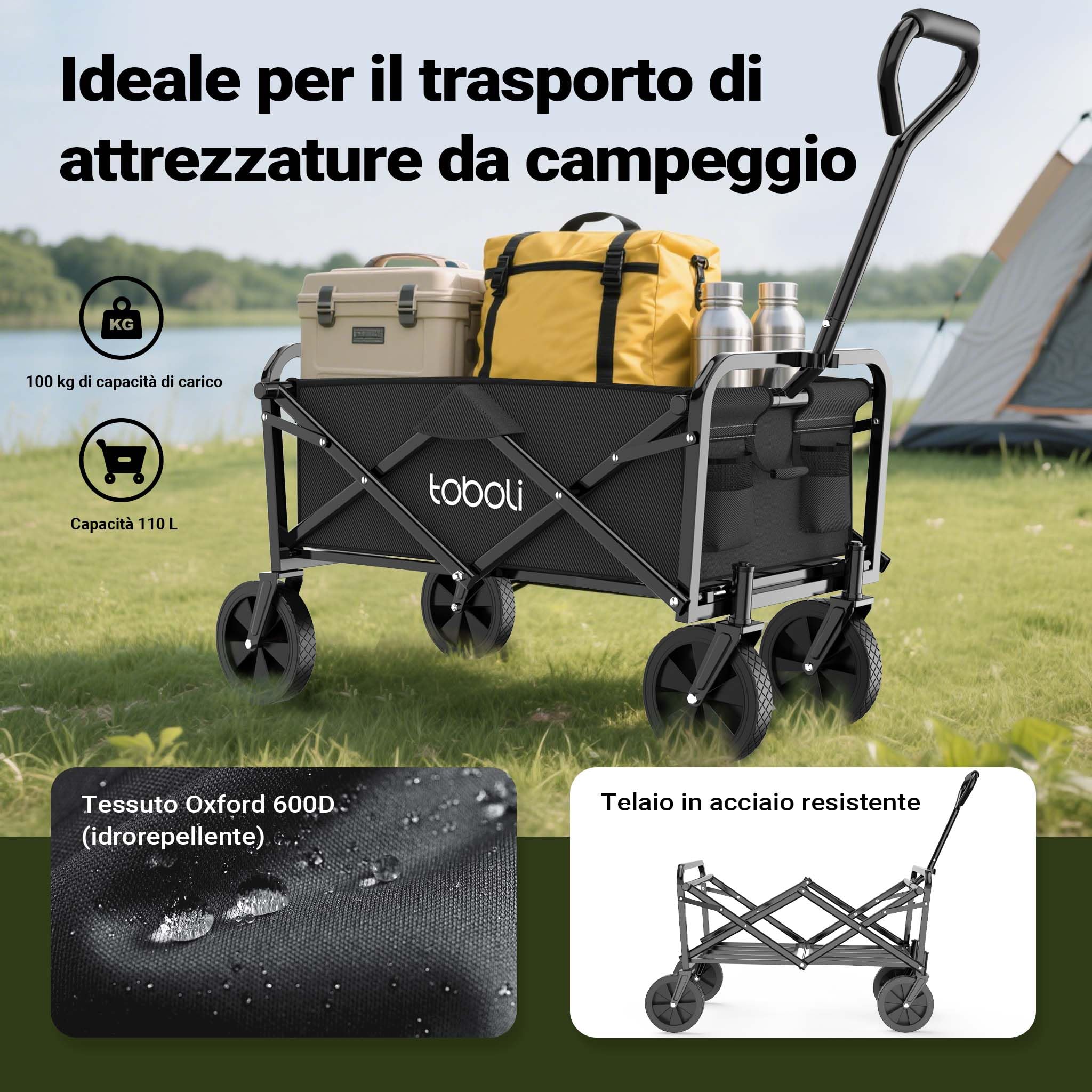 Carretto a mano pieghevole, max 100 kg, tessuto impermeabile nero, Carrello spiaggia