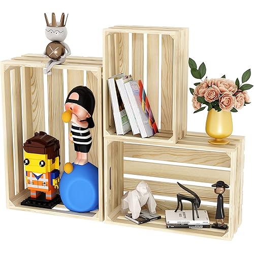 C&AHOME 3-Set Nesting Wooden Crates with Handles, Wood Crafted Boxes Used to Desktop or Hanging Wall for Storage, Display, Decoration, Ideal for Kitchen, Bedroom, Party, 16" L × 12" W × 6" H Natural UNWC03N