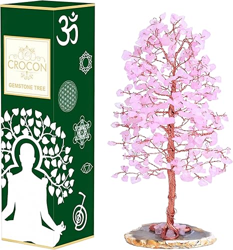 Árbol de la vida con piedras preciosas de cuarzo rosa, cristales de Reiki naturales, árbol de chakras para energía positiva, base de rodajas de