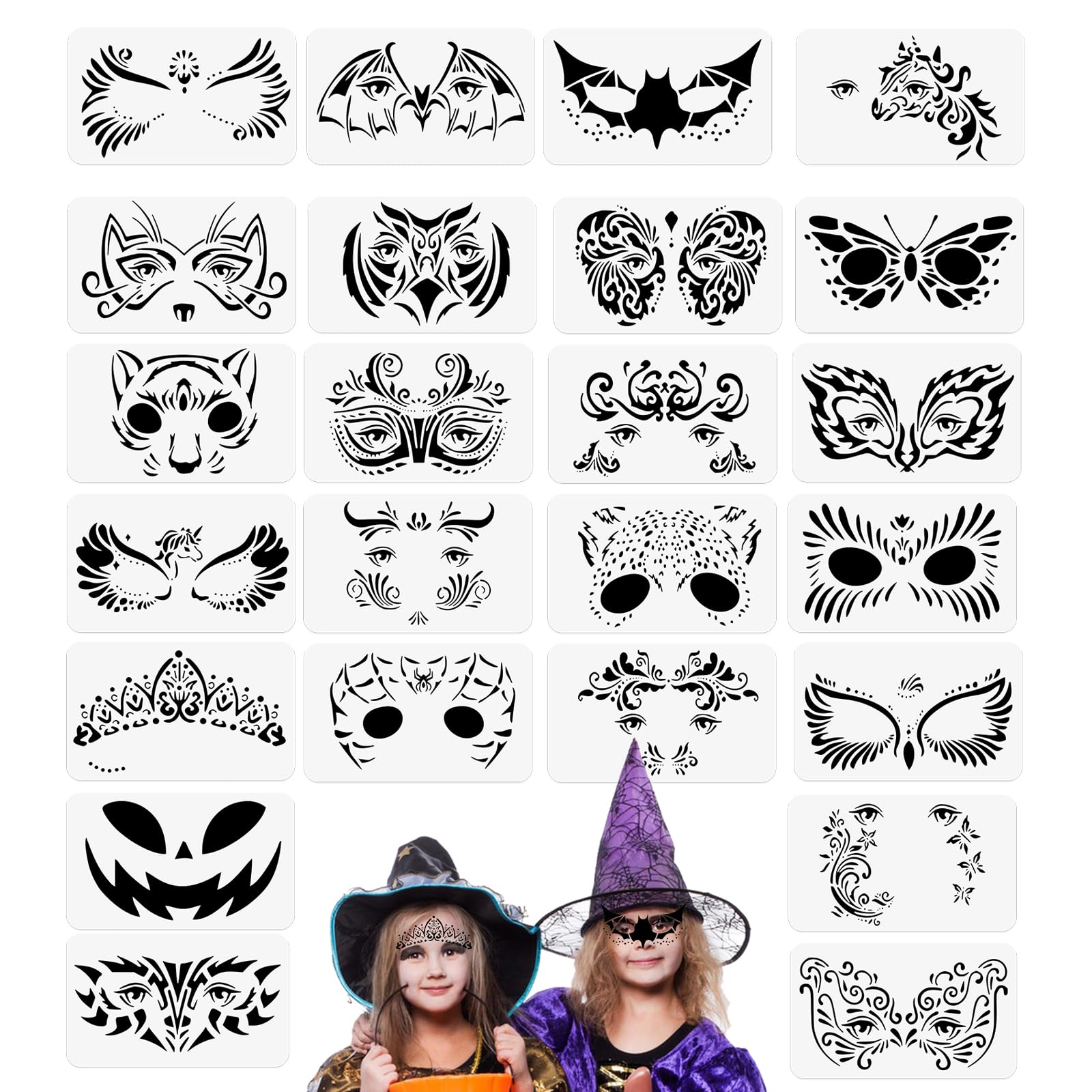 24Piezas Plantilla de Pinturas Cara para Niños Adulto, Plantilla de Pintura Facial Halloween Reutilizable para Fiestas de Maquillaje Carnaval de tatuaje temporal para niños