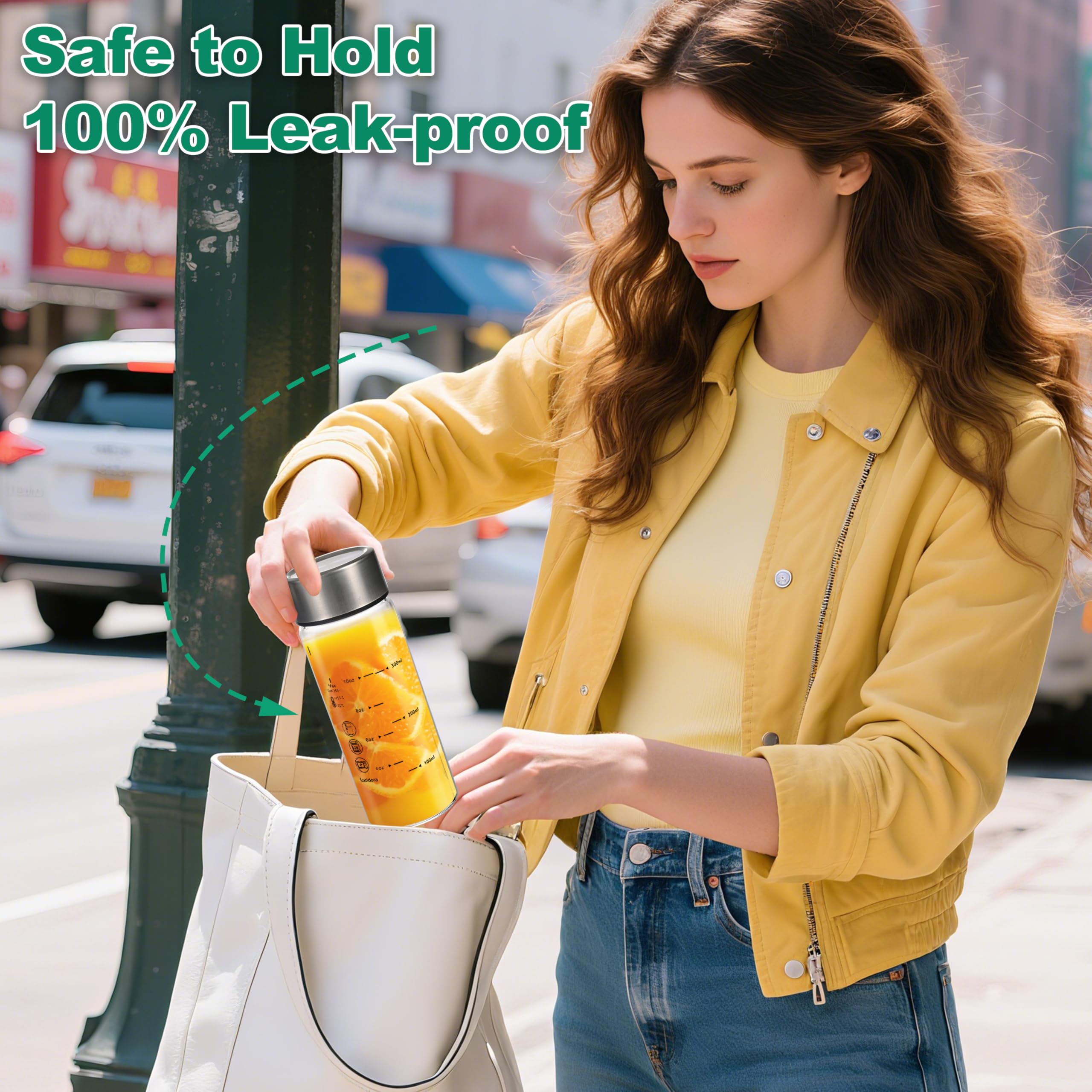 Glas-Saftflaschen mit Deckel, breite Öffnung, Glaswasserflaschen mit Messmarkierungen, wiederverwendbare Borosilikatflasche zum Entsaften von Smoothies, Getränken, auslaufsichere