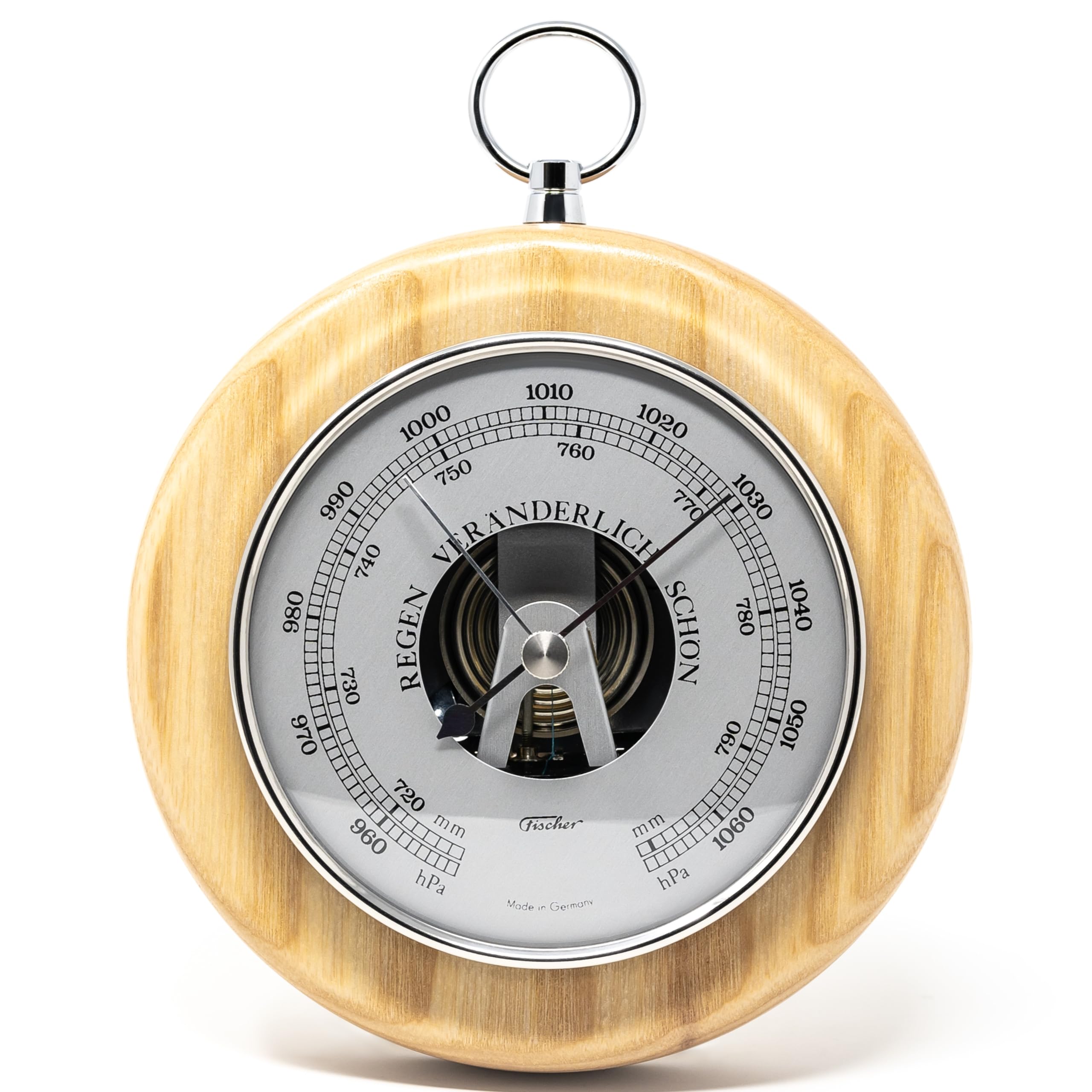 Fischer Baromètre 1366RS-32 - 140 mm - Avec boîtier en bois de frêne véritable - Laiton - Fabriqué en Allemagne