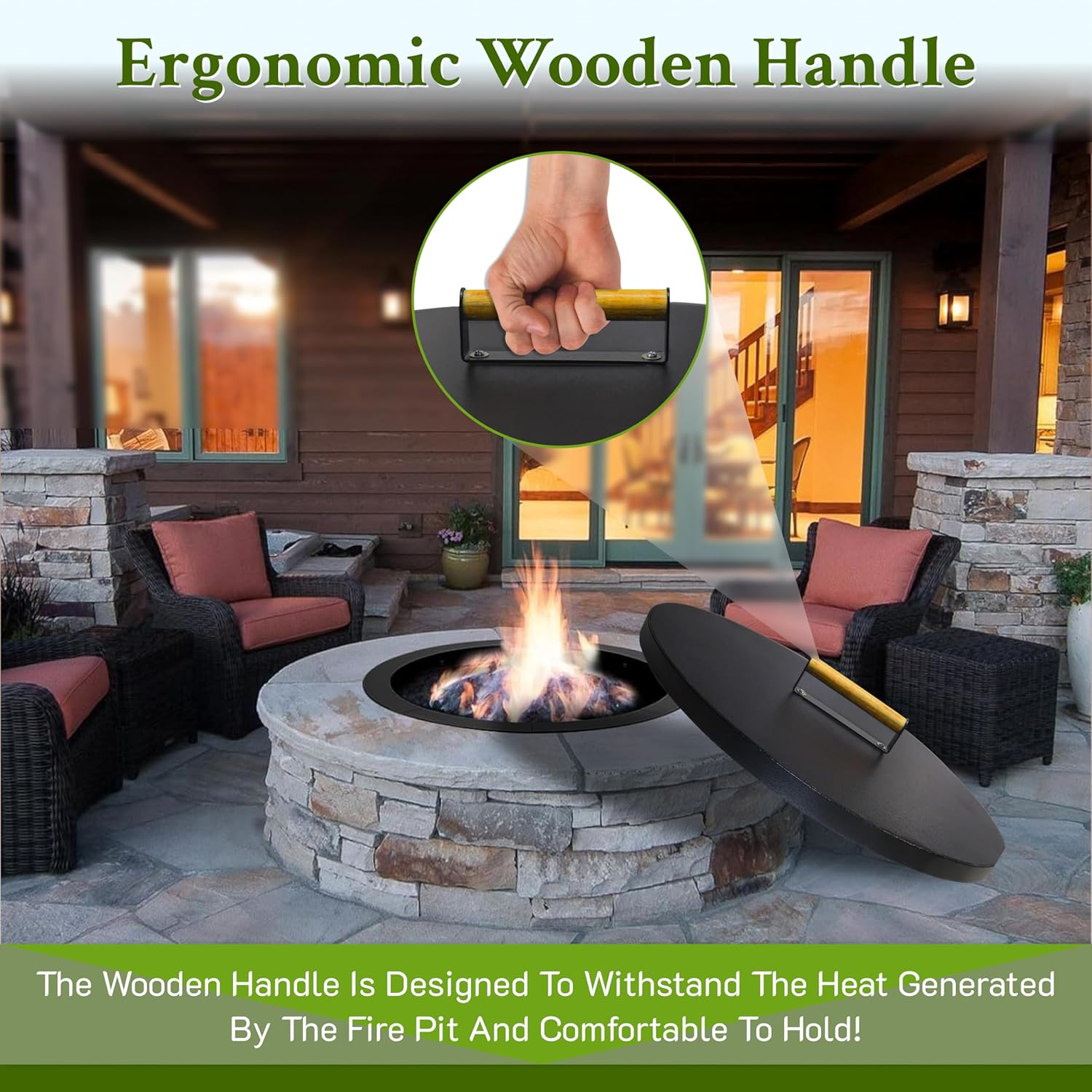 30” Round Fire Pit Lid – Powder Coated fire pit cover round metal for Outdoor Fireplace -16 Gauge Steel Flat Fire Pit Burner Pan Cover with Wooden Handle Snuffer Lid for Round Patio Fire Pit Ring