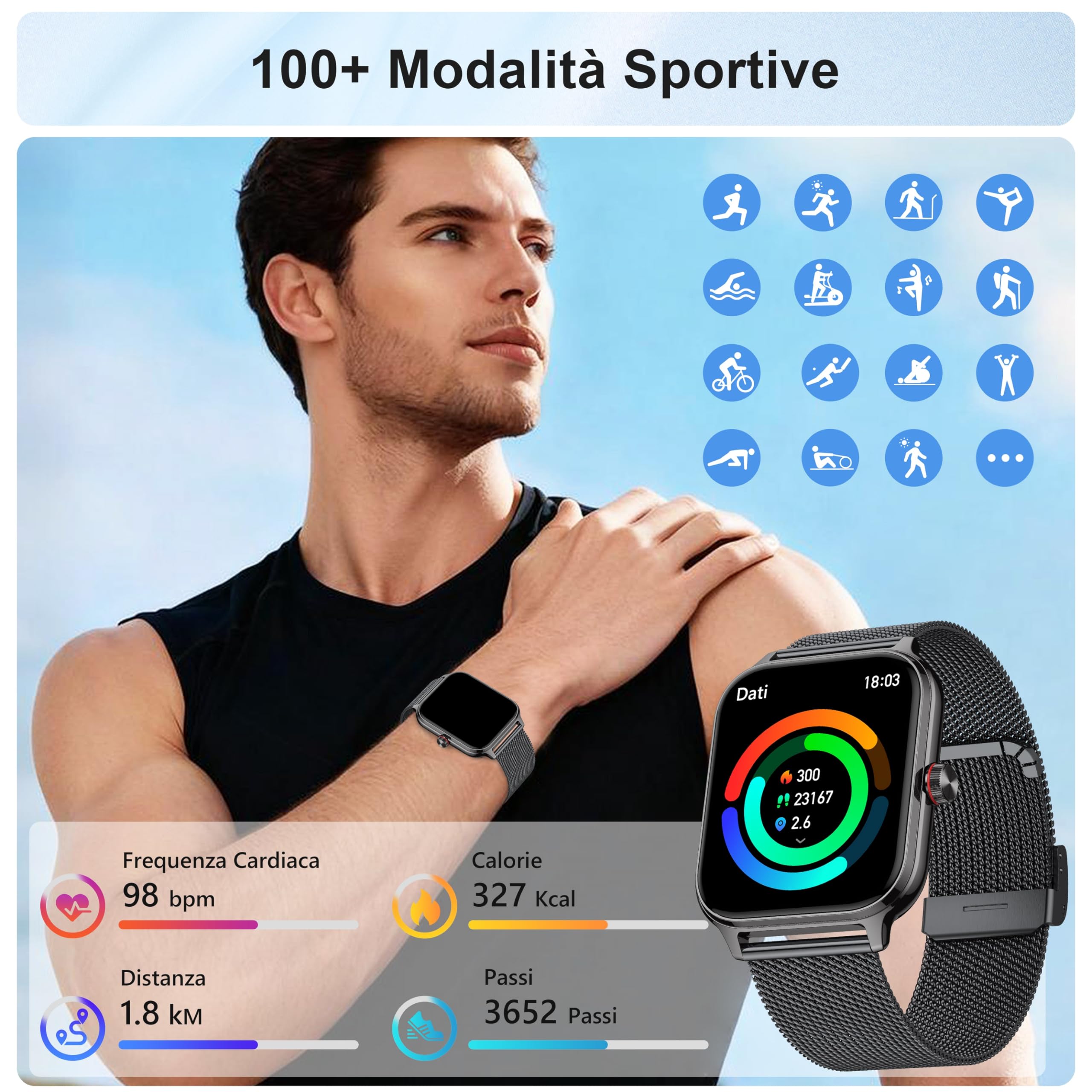 LODIMEKE Smartwatch Uomo Donna Chiamate Pressione Sanguigna Frequenza Cardiaca Sonno, 1.96'' AI Orologio 100+ modalità Sportive, IP67 Impermeabile Contapassi Sveglia Calcolatrice iOS Android