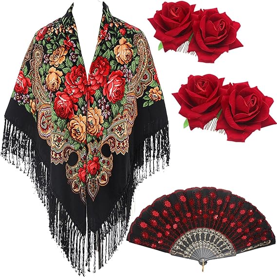 Jiuguva 4 Pcs Traditional Mexican Flamenco Dress for Women Tassel Mexican Scarf Shawl Halloween Day of the Dead Costumes