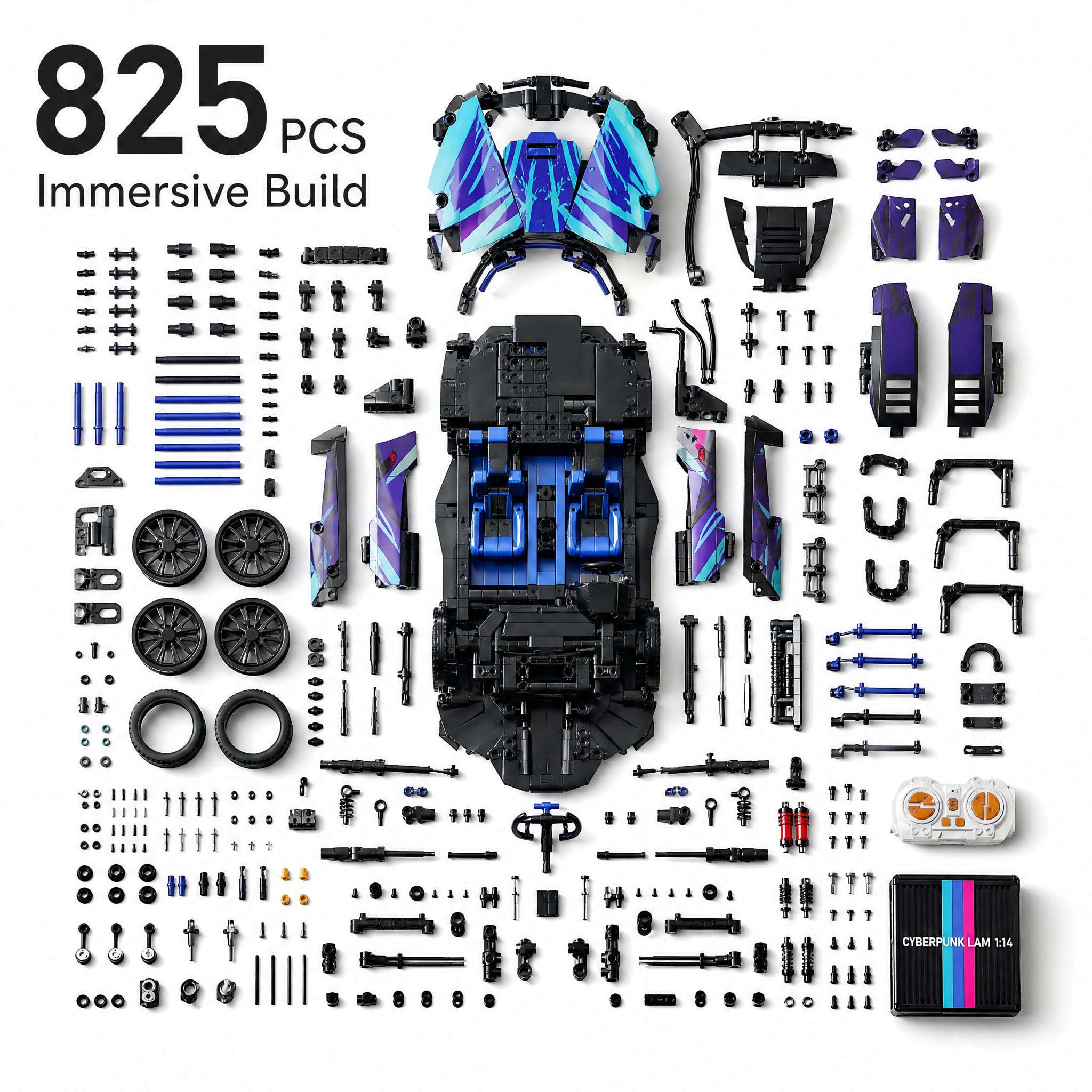 ferngesteuertes Auto, RC Auto, 1:14 mit LED Modell Bausatz | Auto-Kit mit 825 Teilen, LED-Lichtern, App-Play, und 2,4-GHz-Fernbedienung; gebaut für Familienbau, Indoor-Fahren, Display