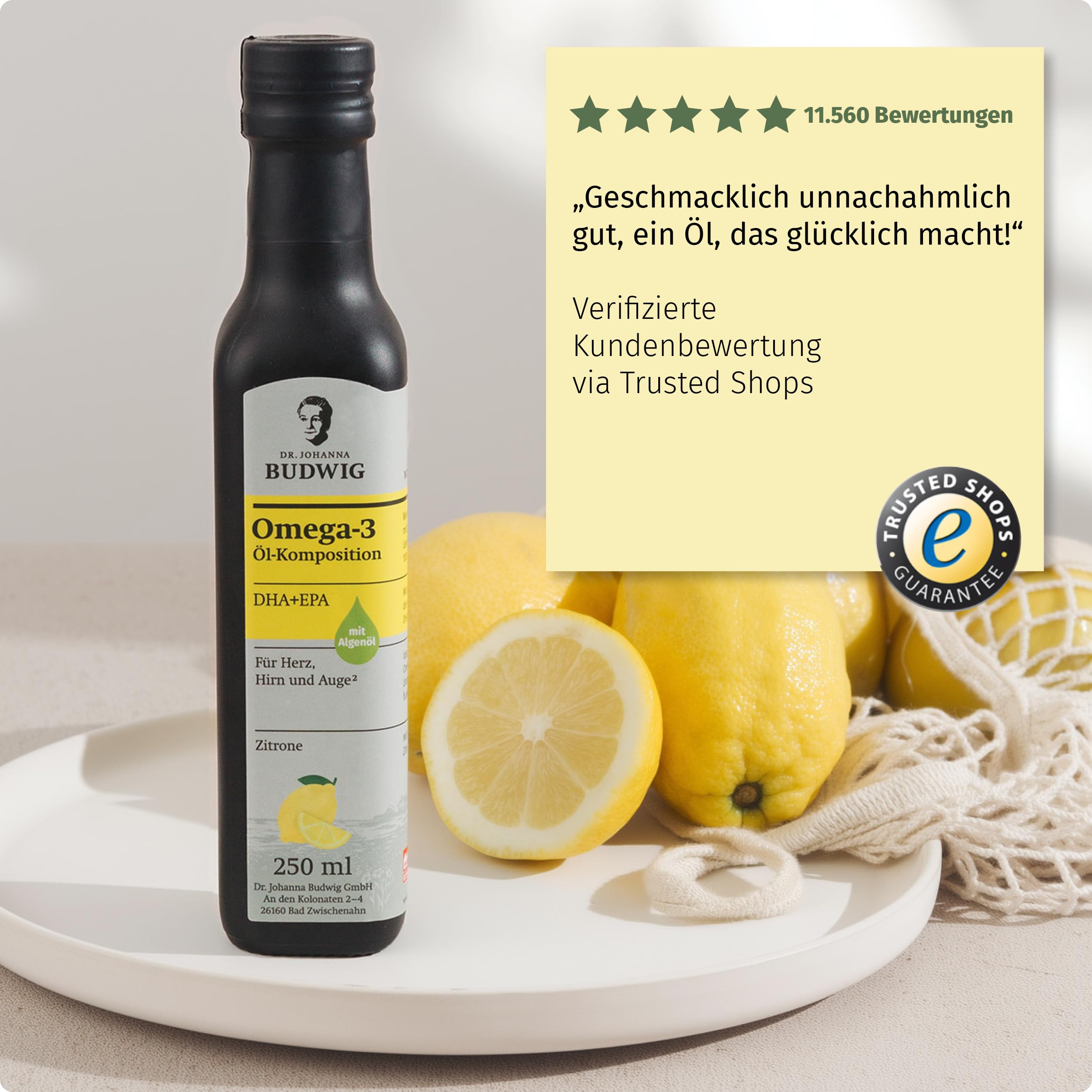 Dr. Budwig Premium Omega 3 DHA + EPA Öl Zitrone (250ml) | Bio Leinöl & Algenöl - hochdosiertes DHA & EPA - vegan - flüssig - laborgeprüft - Omega 3 für Kinder - Alternative Fischöl