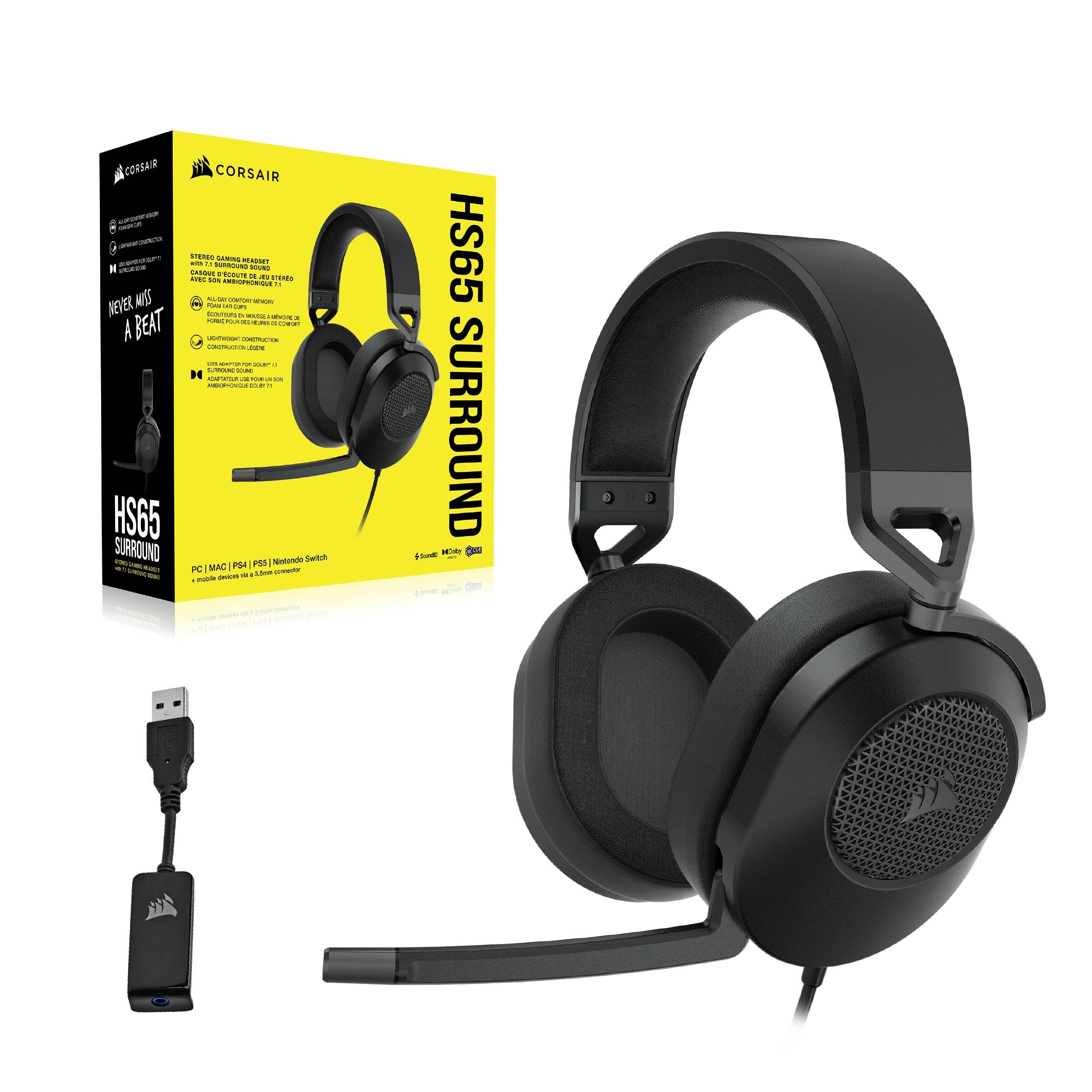 Corsair HS65 Surround Cuffie Gaming Cablate 7.1 Multipiattaforma Carbonio Dolby Surround SonarWorks SoundID iCUE PC Mac PS5 PS4 Xbox Nintendo Switch Mobile