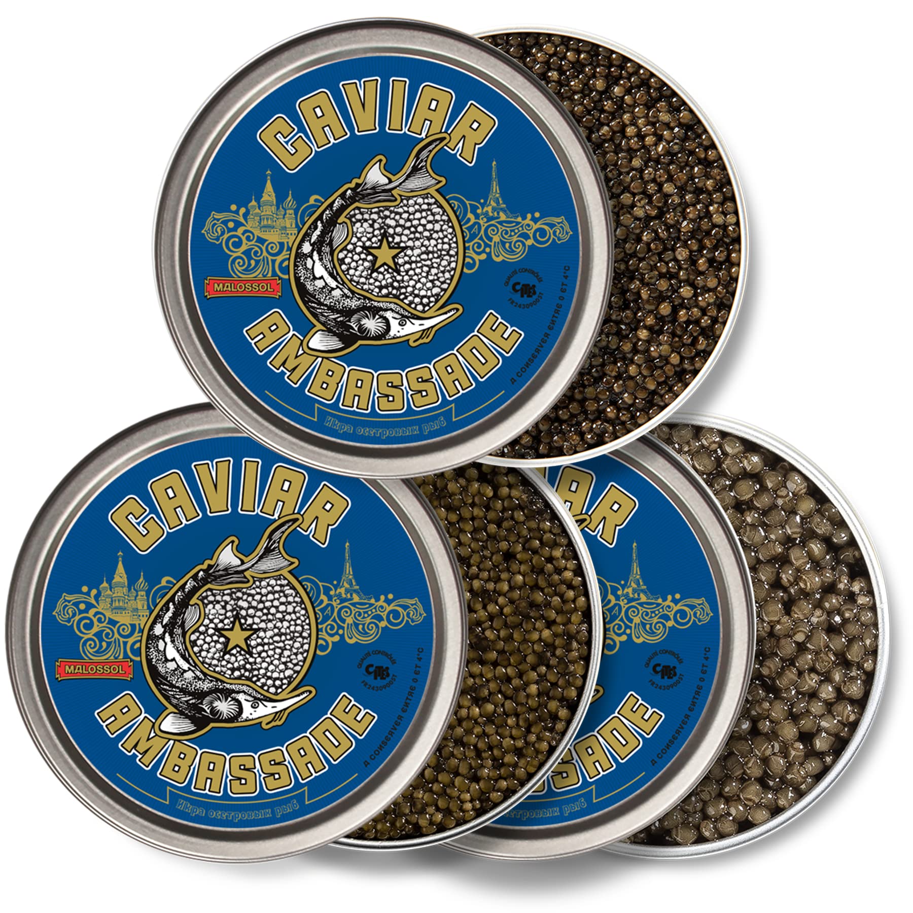 Set tre Caviali, Baeri 100g + Beluga 100g + Oscietra 100g – 3 x 100g - Consegna refrigerata - CAVIAR AMBASSADE