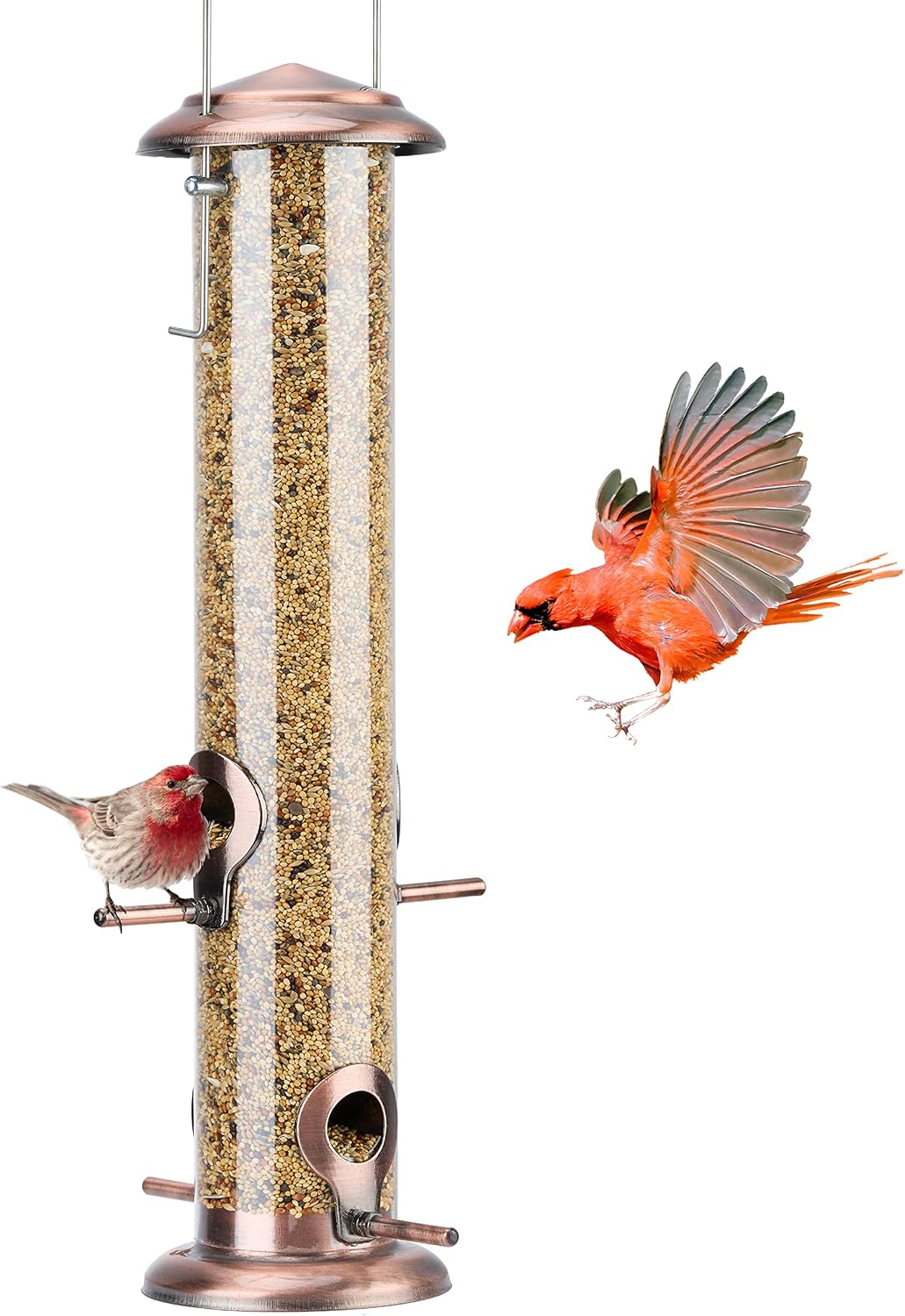 Kingsyard Metal Bird Feeders for Outdoors Hanging, Extra Thick Tube Bird Feeder w/Steel Hanger & 4-Port, 15 inch, Chew-Proof, Weather and Water Resistant, Antique Copper