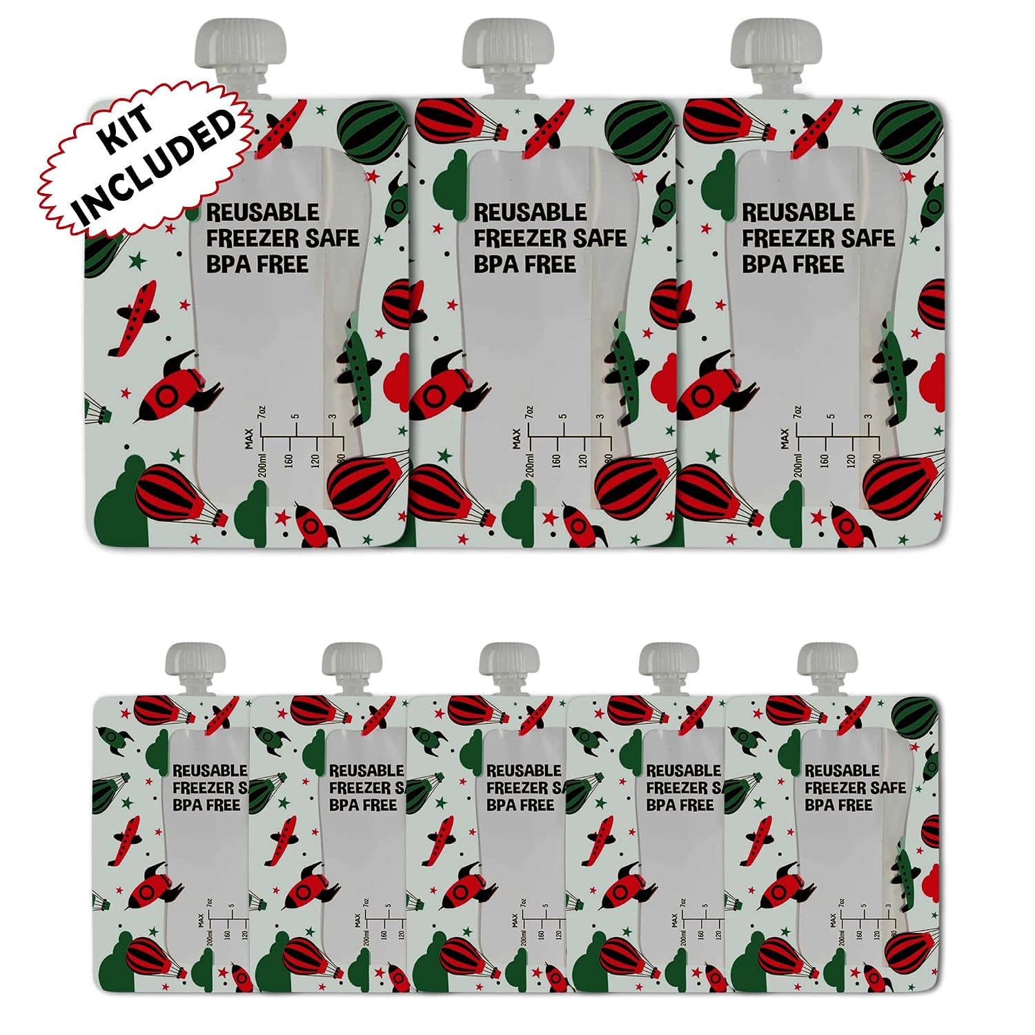 Brexonic Baby Food Storage Pouches - Pack of 8 - Reusable Baby Food Pouches for Baby Food, Purees & Smoothies for Toddlers - Kids Refillable & Squeeze Pouches Include Funnel, Extra Caps, Spoon & Brush