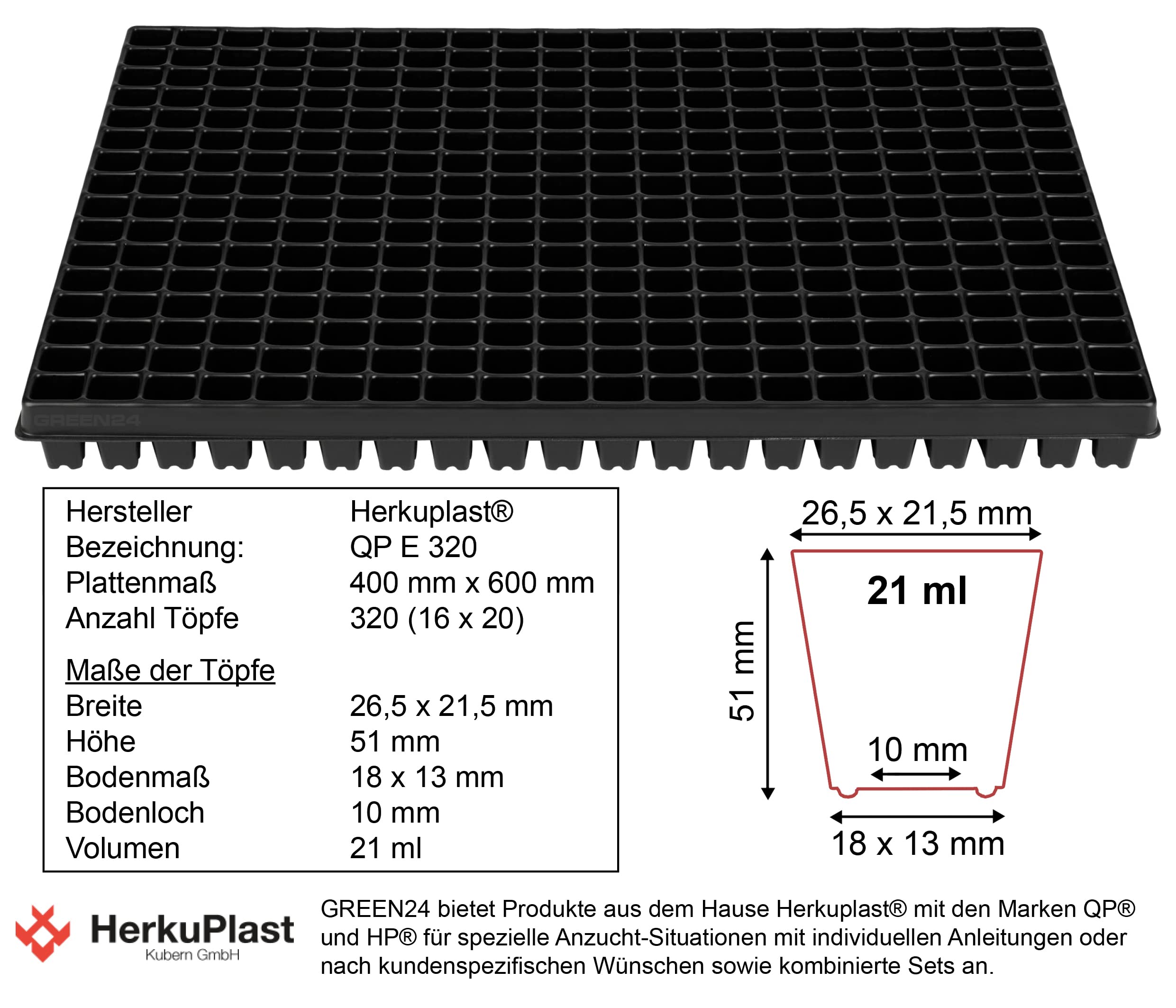 GREEN24 Anzucht System GW-320 bestehend aus Profi Wasserwanne GW657, passender Kapillarmatte (Wasseraufnahme 3L je qm) und Topfplatte mit 320 Töpfen (26,5x21,5mm, 51mm hoch) im Euromaß (600 x 400mm)