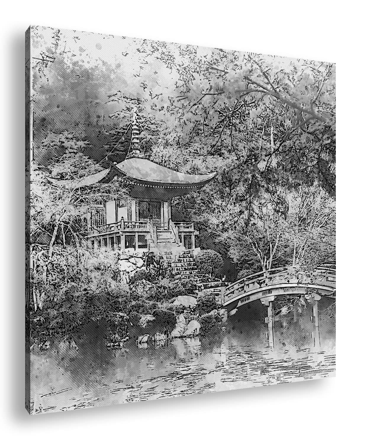 Effet jardin japonais traditionnel : noir et blanc, format : 70 x 70 cm, motif monté sur cadre en bois véritable, impression numérique de haute qualité, pas de poster ni d'affiche.