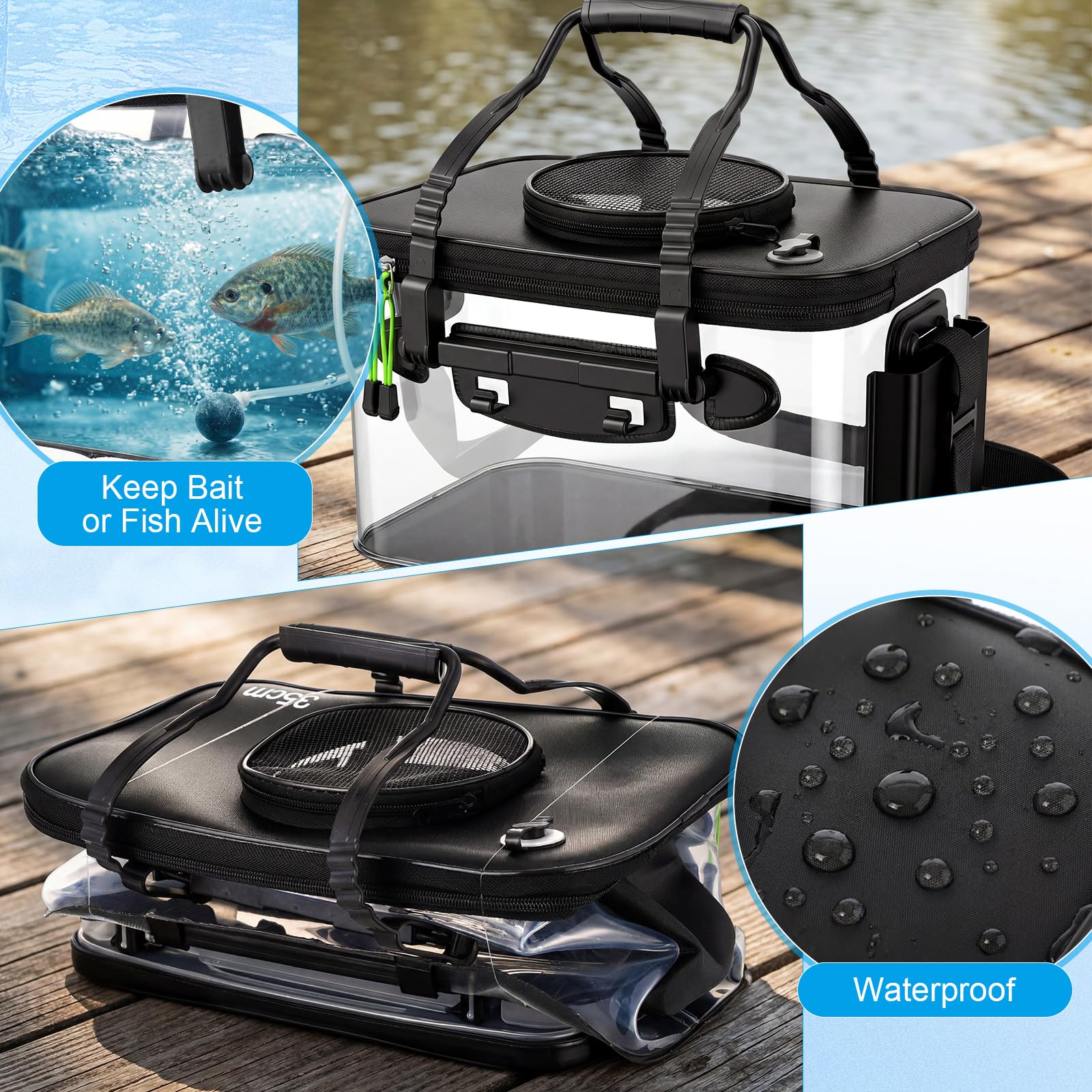 Shappy Secchio da pesca pieghevole, set di contenitori con coperchio da 4 galloni con pompa ad aria, secchio multifunzionale per esche vive con foro di aerazione per pesca all'aperto e traslochi