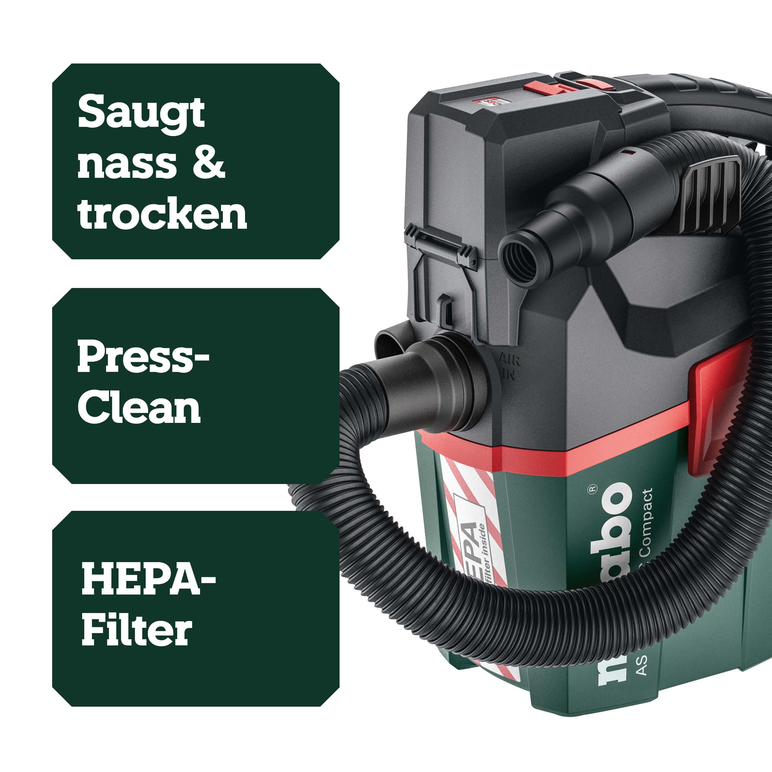 metabo Akku-Sauger AS 18 HEPA PC Compact, 18V Nass- und Trockensauger | Mobiler Mehrzwecksauger mit HEPA-Filter, Blasfunktion und Stretch-Schlauch. Lieferung ohne Akku und Ladegerät.