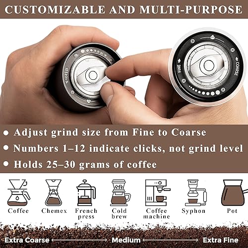 Miniatura 9 de pipa's Molinillo de café manual ajustable de acero inoxidable con cepillo, capacidad (1.33 onzas), ligero y fácil de limpiar, molinillo de café de