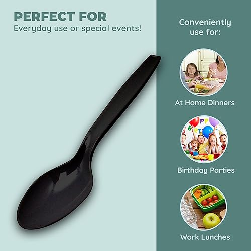 Miniatura 4 de Cucharas desechables de plástico negro, cubiertos de plástico utensilios para fiestas, picnics, oficina, hogar y escuela, 100 unidades