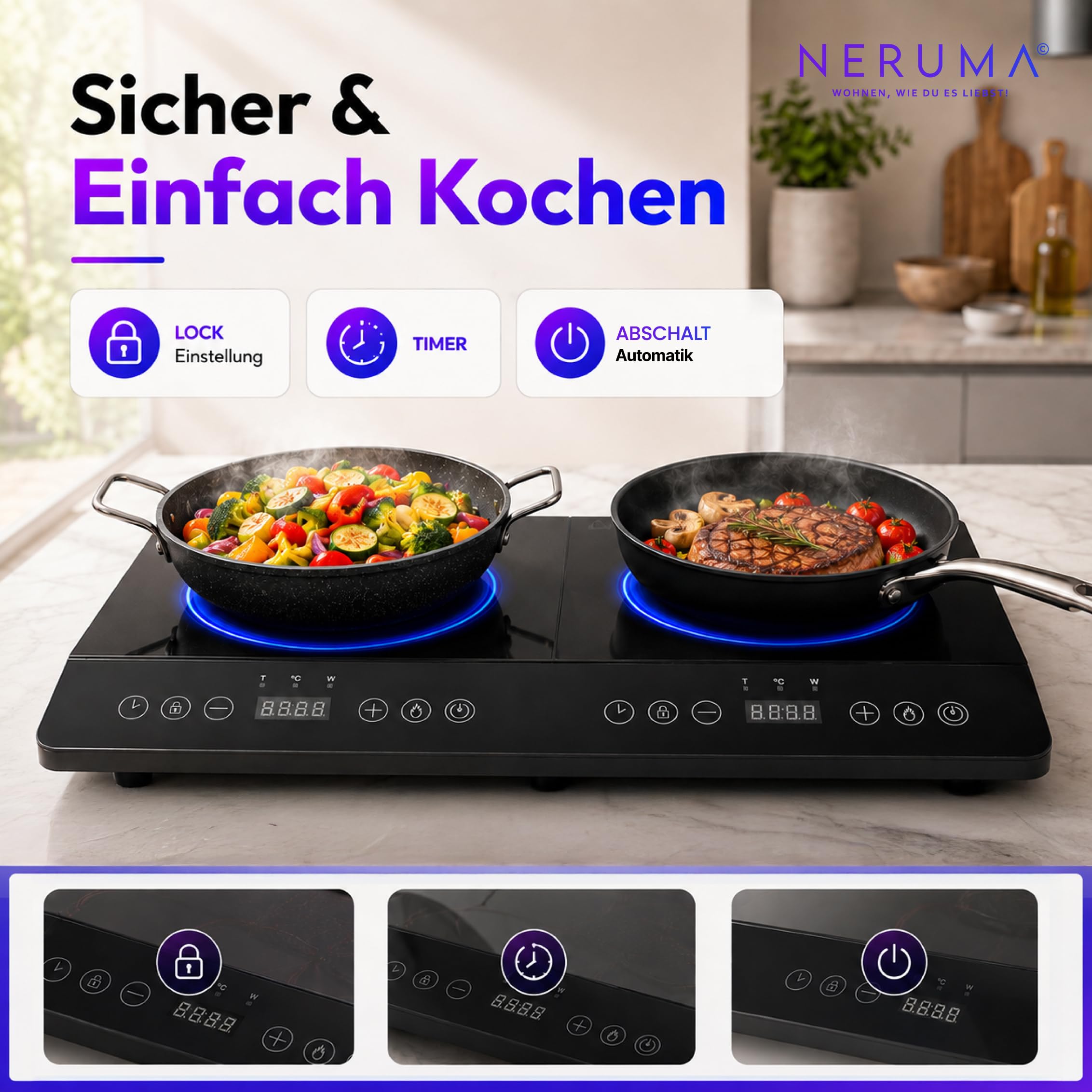 Induktionskochfeld 2 Platten 3500W – Doppel Induktionskochplatte Tragbar mit Touch Display, 8 Kochprogrammen & Kindersicherung, Mobile Kochplatte für Camping & Küche