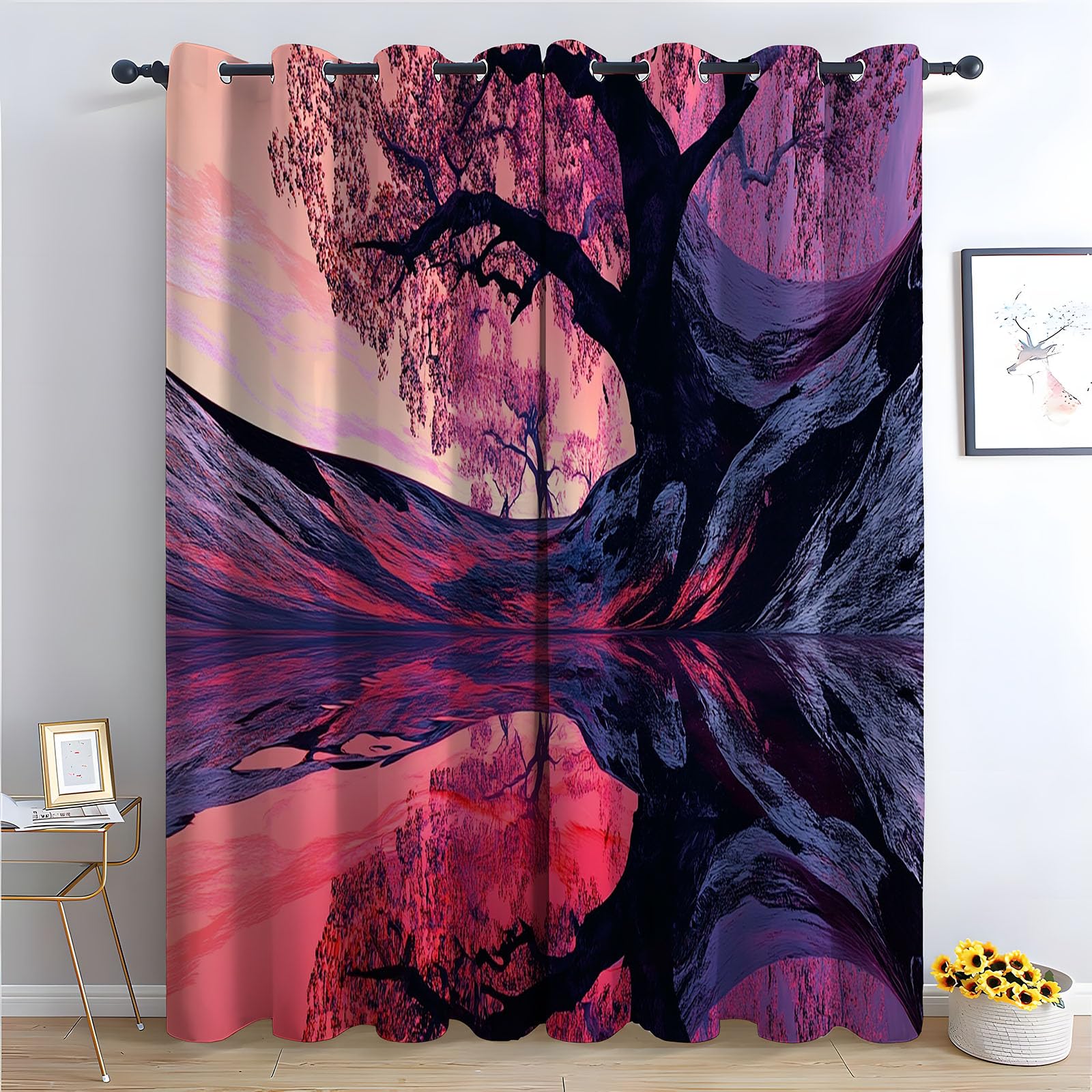 Blickdichte Gardinen - Fantastischer rosa Blütenbaum mit Wasserspiegel Szenerie Abstrakt Thermovorhang, Verdunkelungsvorhang für Wohnzimmer und Schlafzimmer-H230 x B130 cm (2er Pack)