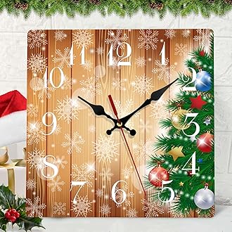ArtSocket Christmas Wall Clock Silent Non-Ticking, Christmas Tree Space Ball Eve Snowflake Square Wall Clocks Decor for Home Kitchen Living Room Office, Battery Operated(12 Inch)